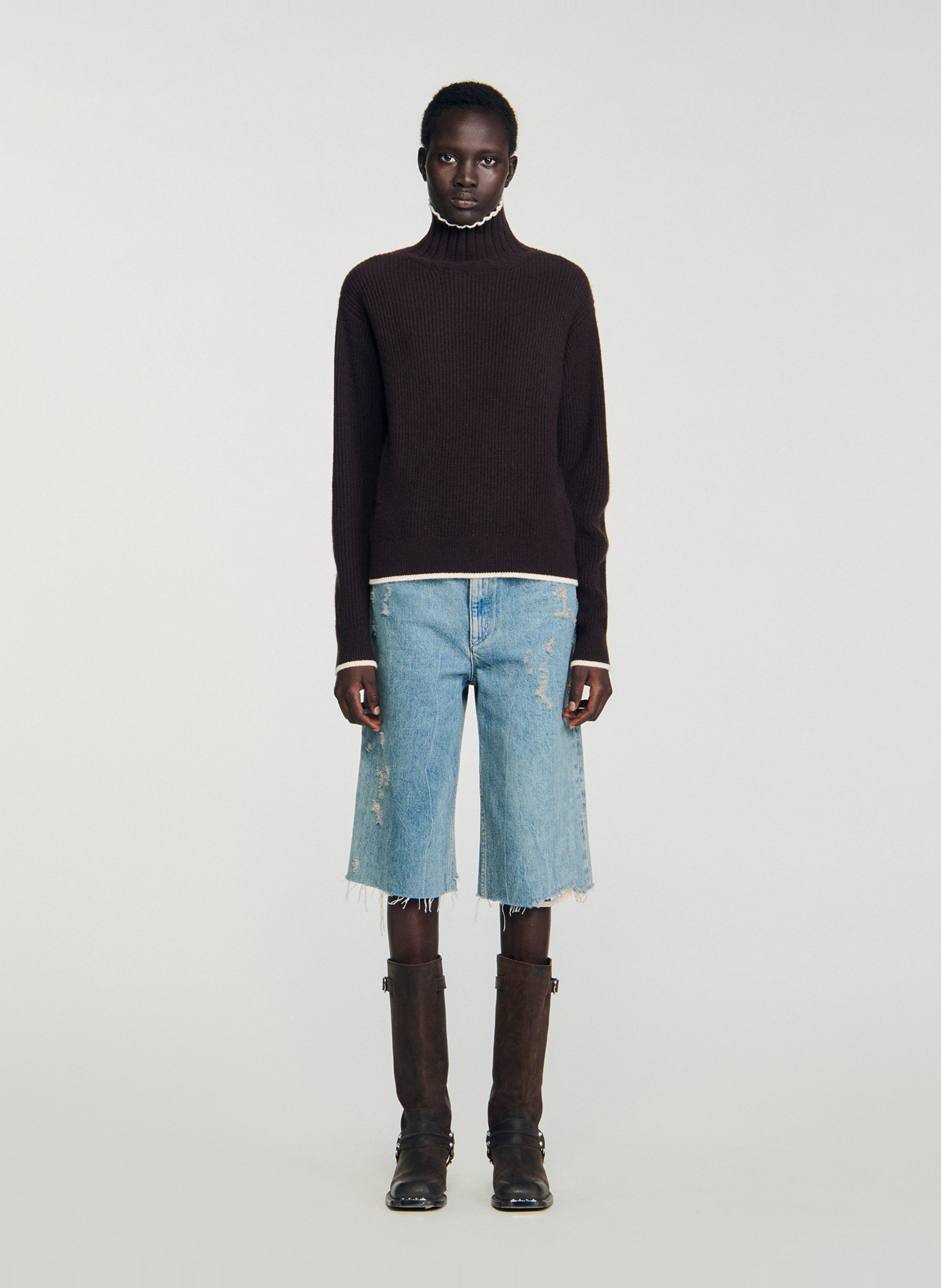 Pull col montant en laine mélangée Marron