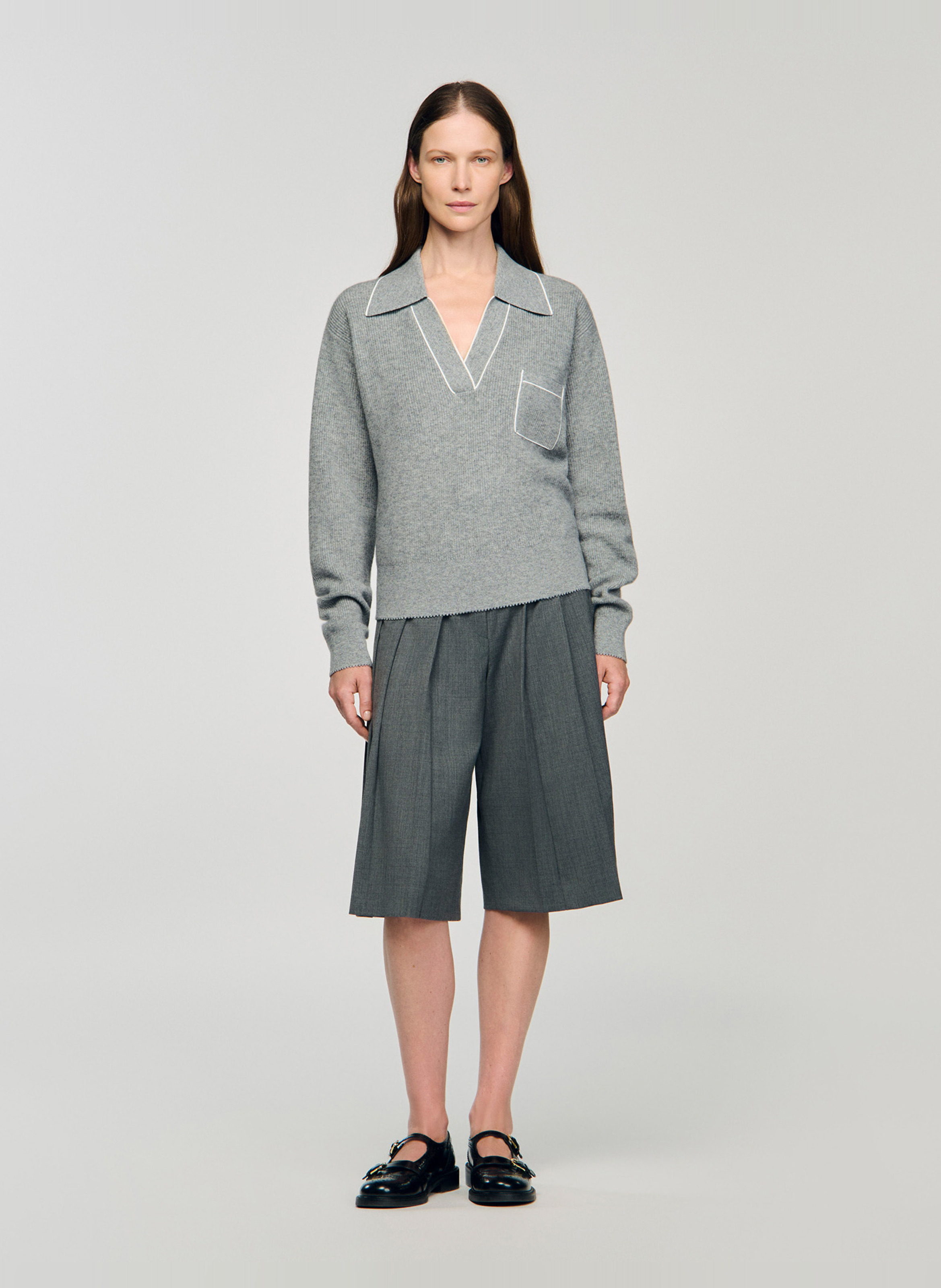 Pull col polo en laine et en cachemire mélangés SANDRO Gris