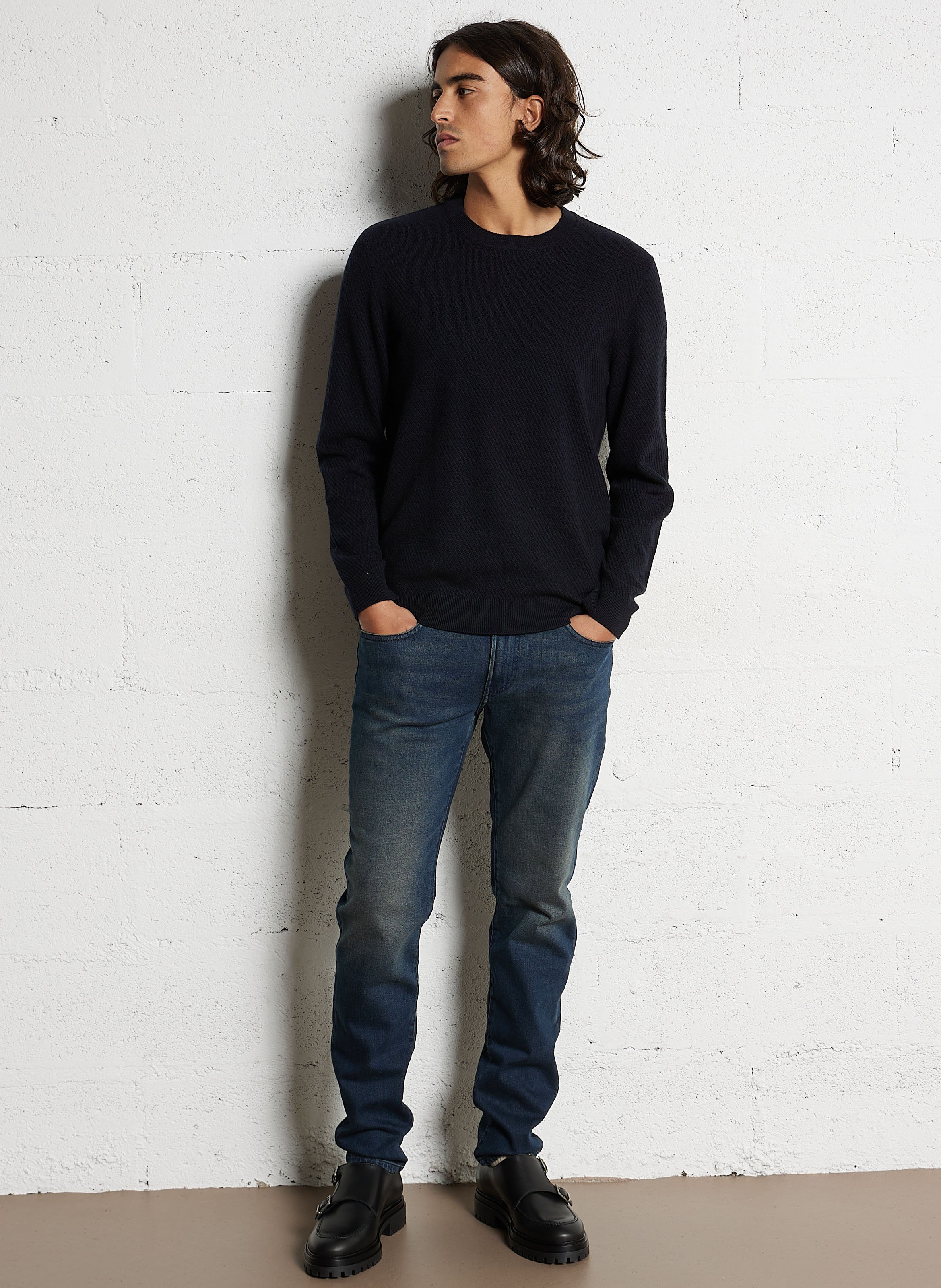 Pull droit col rond à tricot relief Bleu