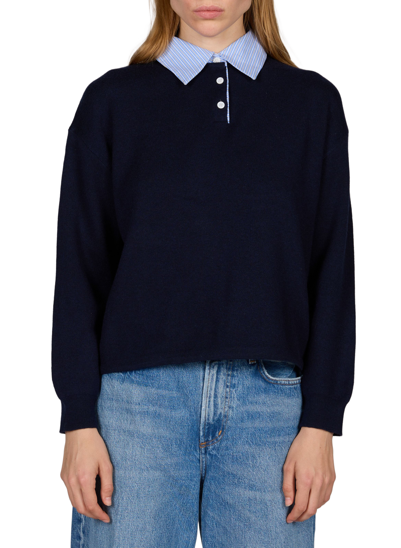 Pull droit uni à col chemise rayé SUNCOO Bleu