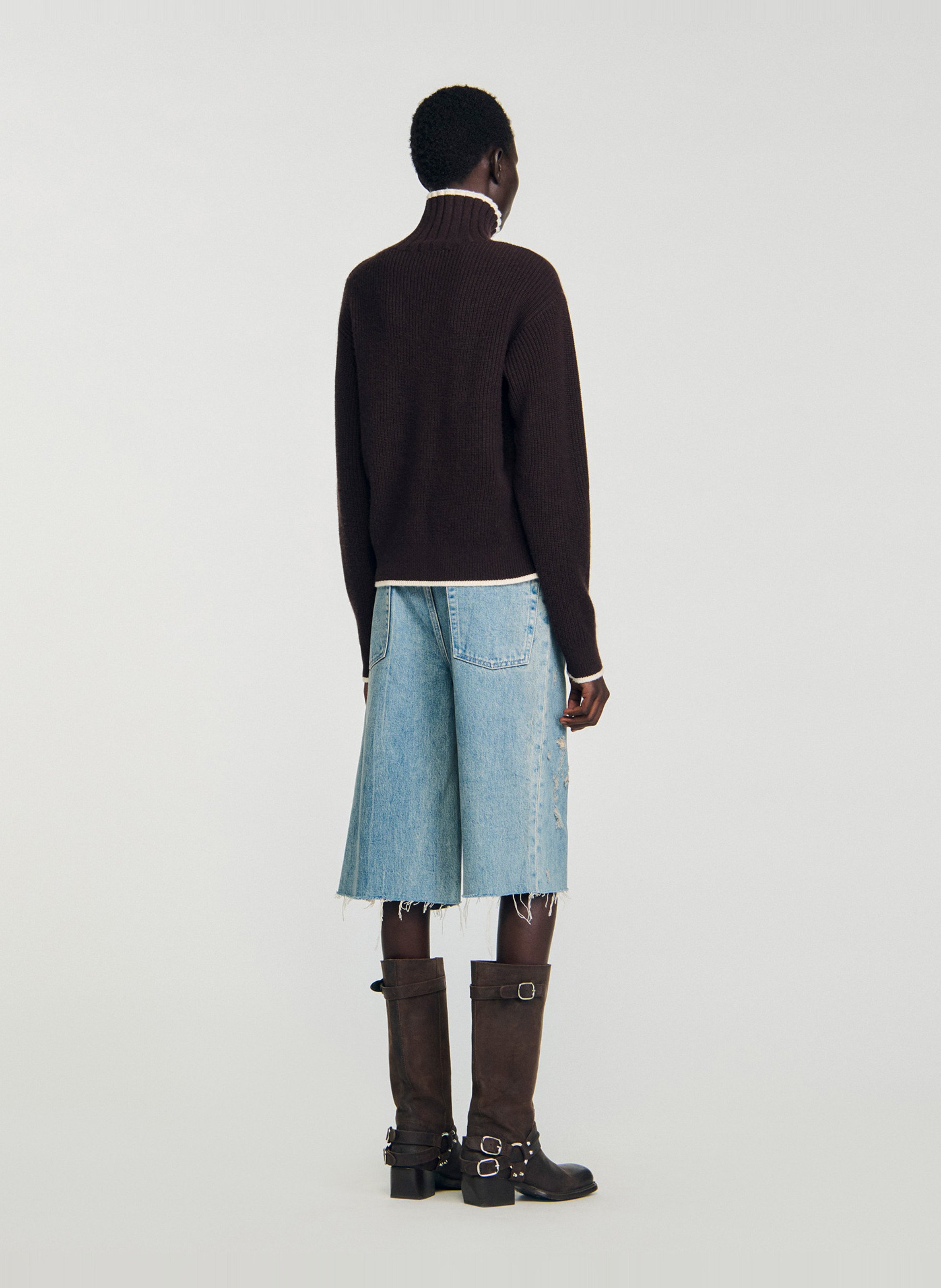 Pull col montant en laine mélangée Marron