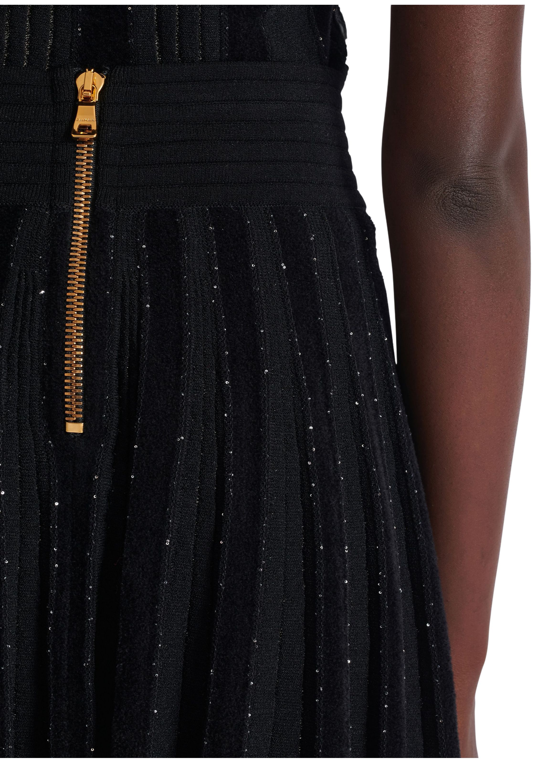 Jupe plissée en maille à paillettes BALMAIN Noir