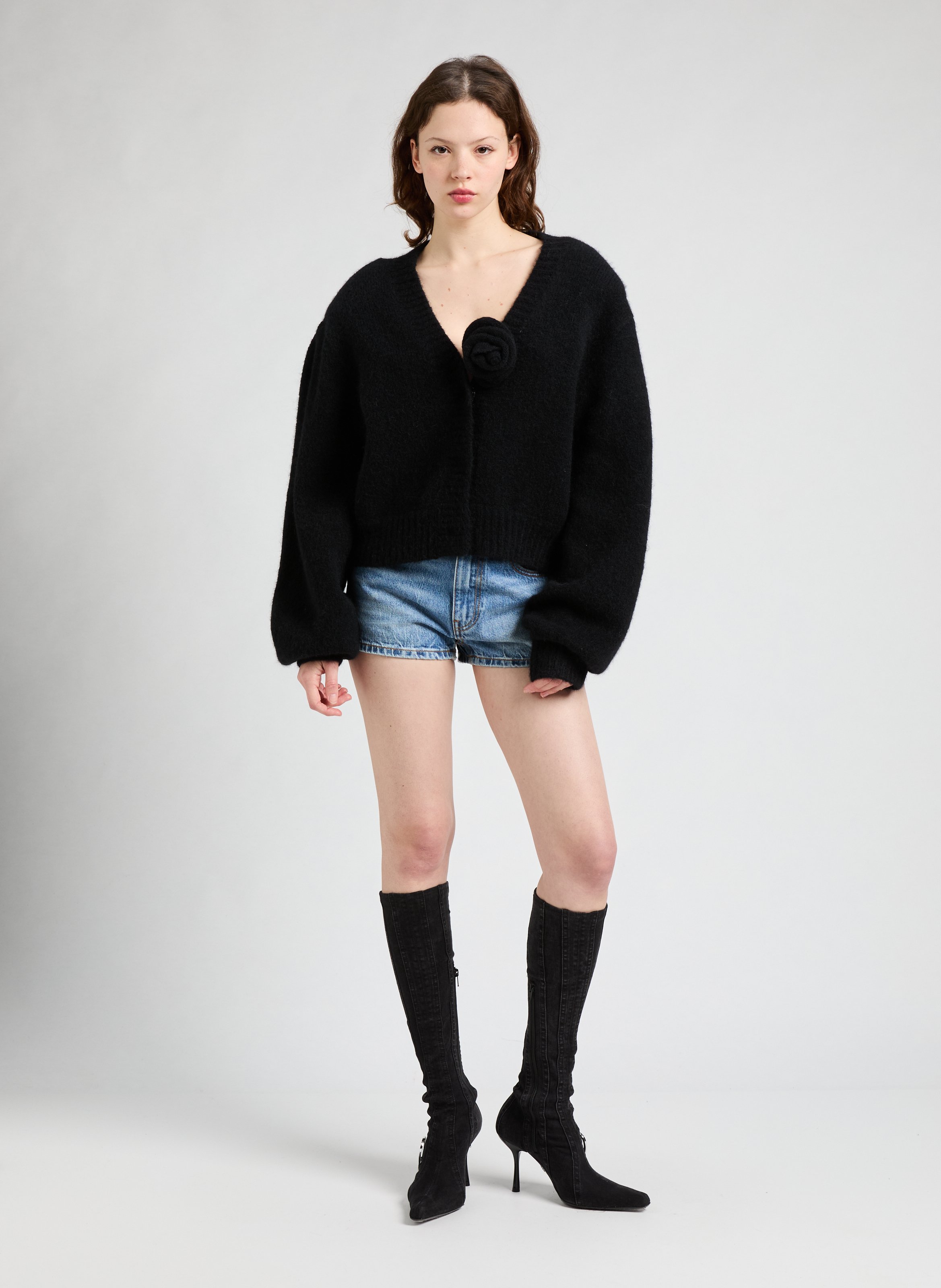 Cardigan court en laine et alpaga ROTATE Noir