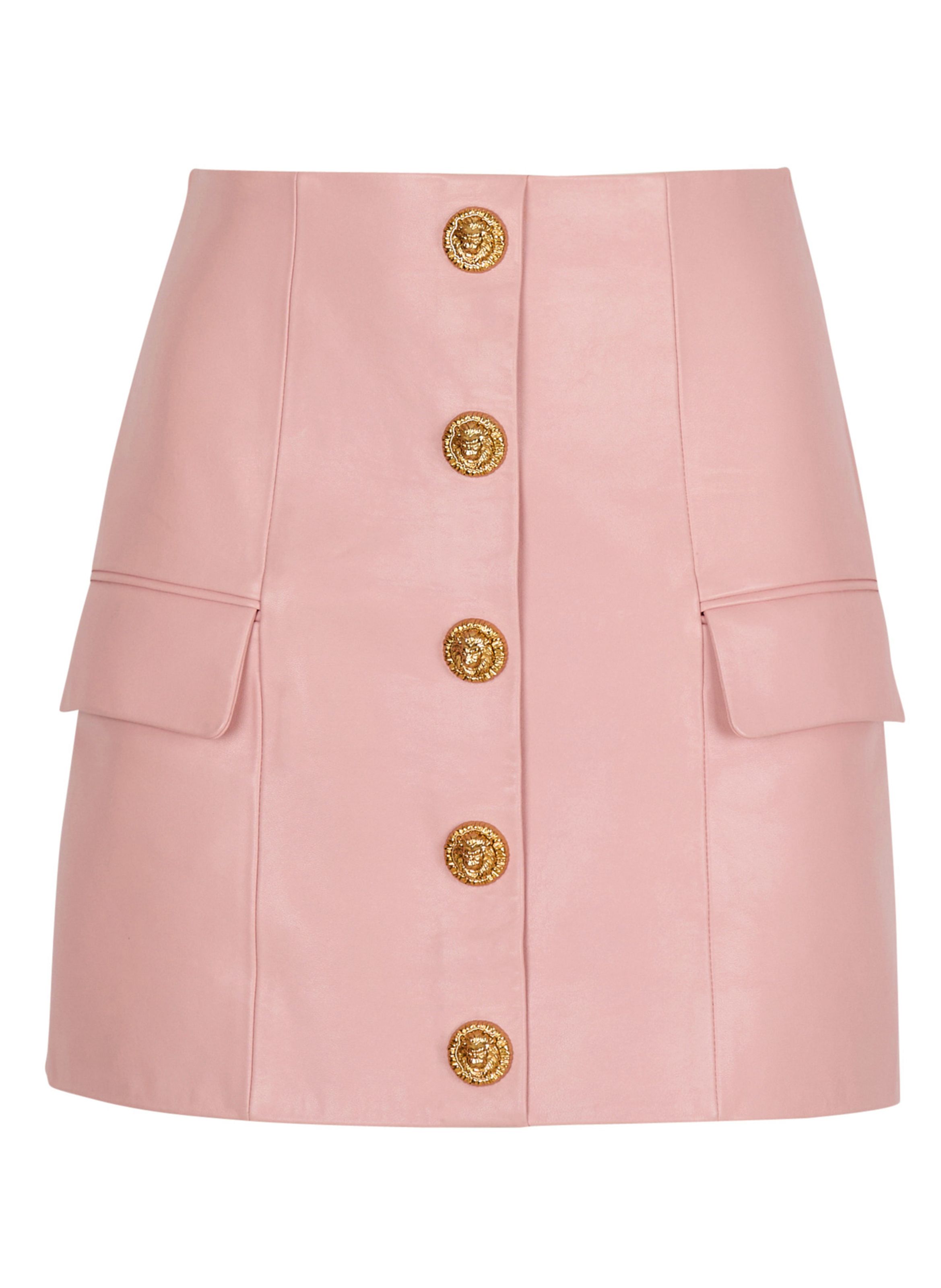 Jupe courte boutonnée en cuir d’agneau BALMAIN Rose