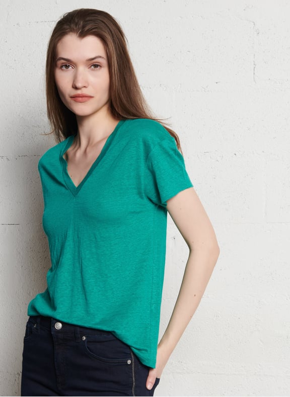 Tee-shirt droit col v en lin Bleu by IKKS IKKS Tee-shirt droit col v en lin Bleu