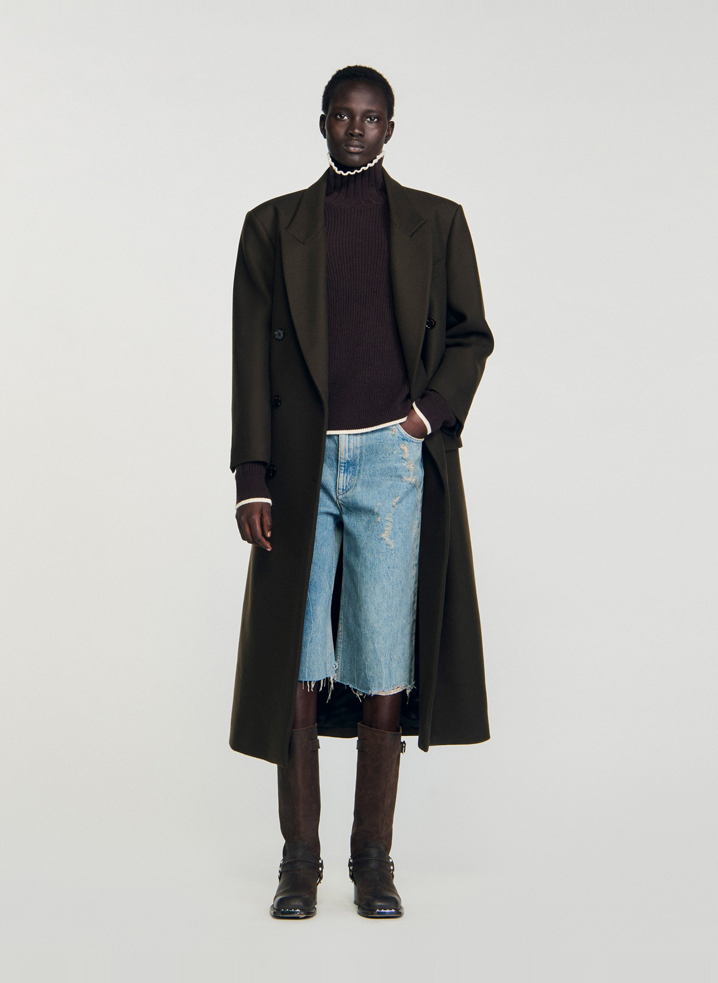 Pull col montant en laine mélangée Marron