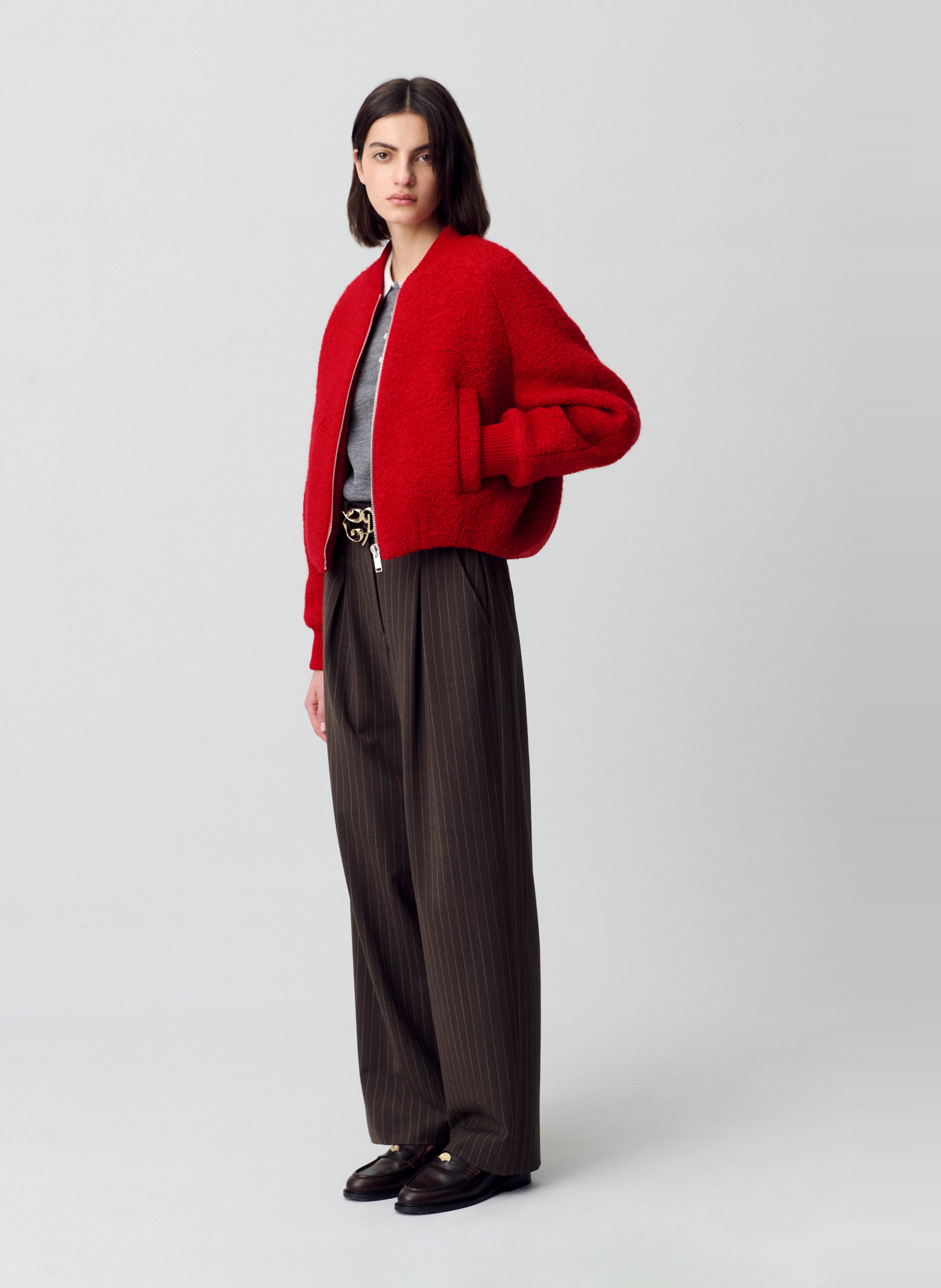 Veste zippée en laine bouclée unie CLAUDIE PIERLOT Rouge