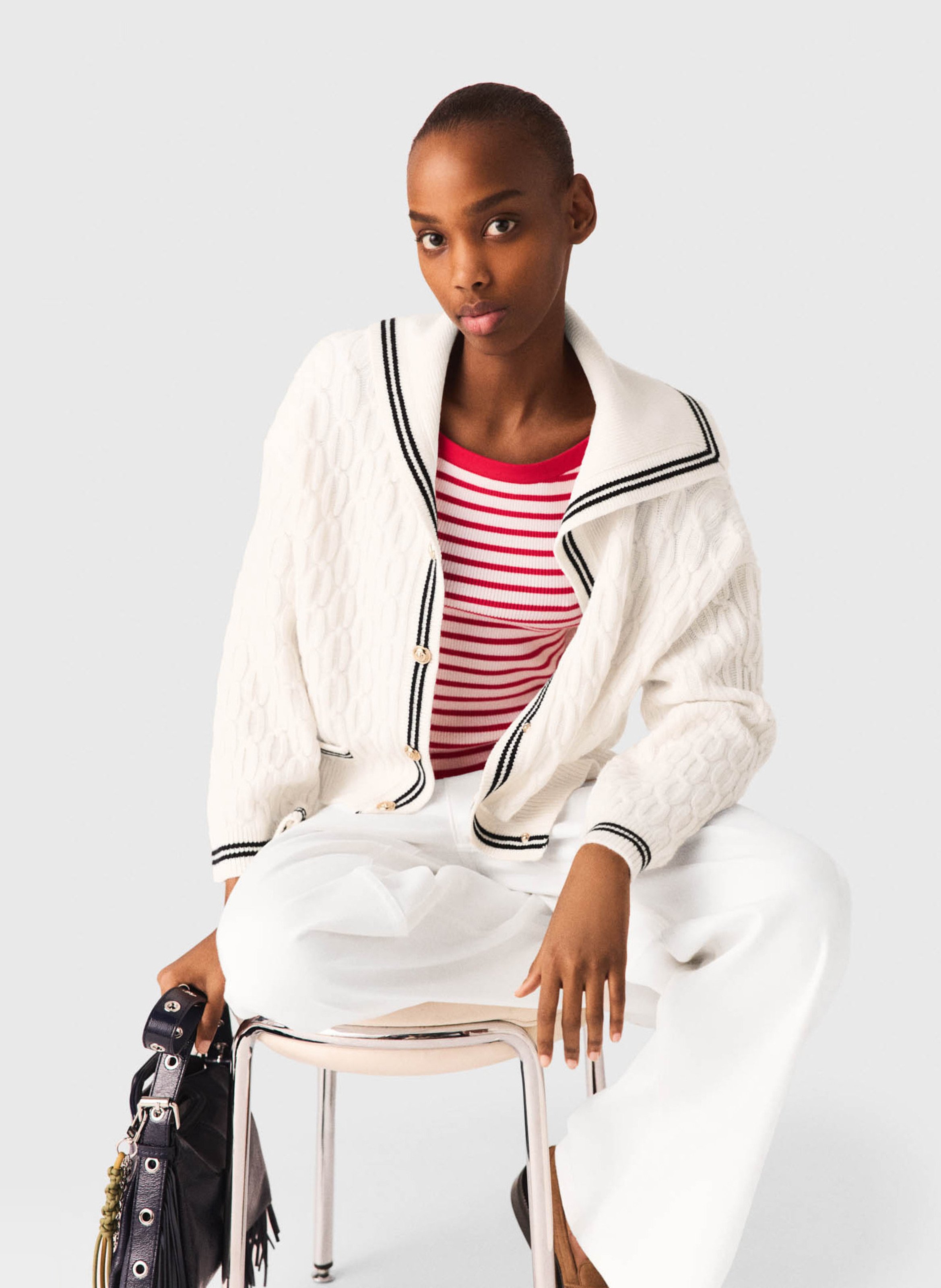 Gilet droit col rabattu en laine tricotée MAJE Beige