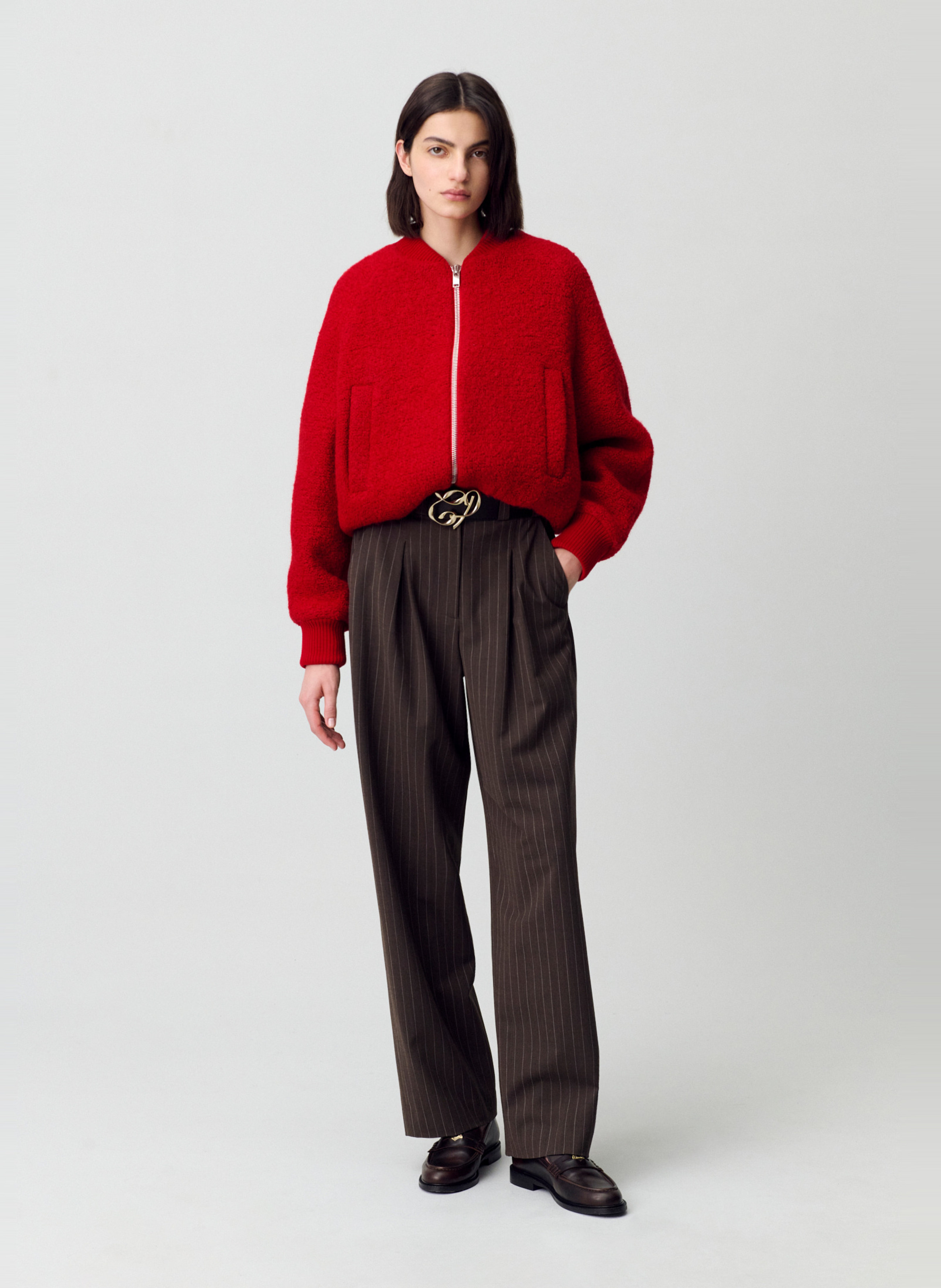 Veste zippée en laine bouclée unie CLAUDIE PIERLOT Rouge