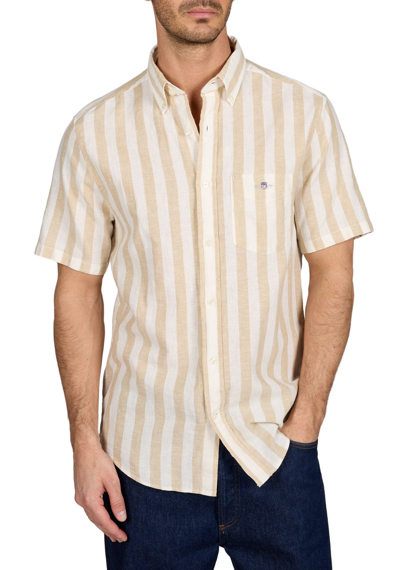 Camisa recta a rayas de lino mezclado GANT Beige
