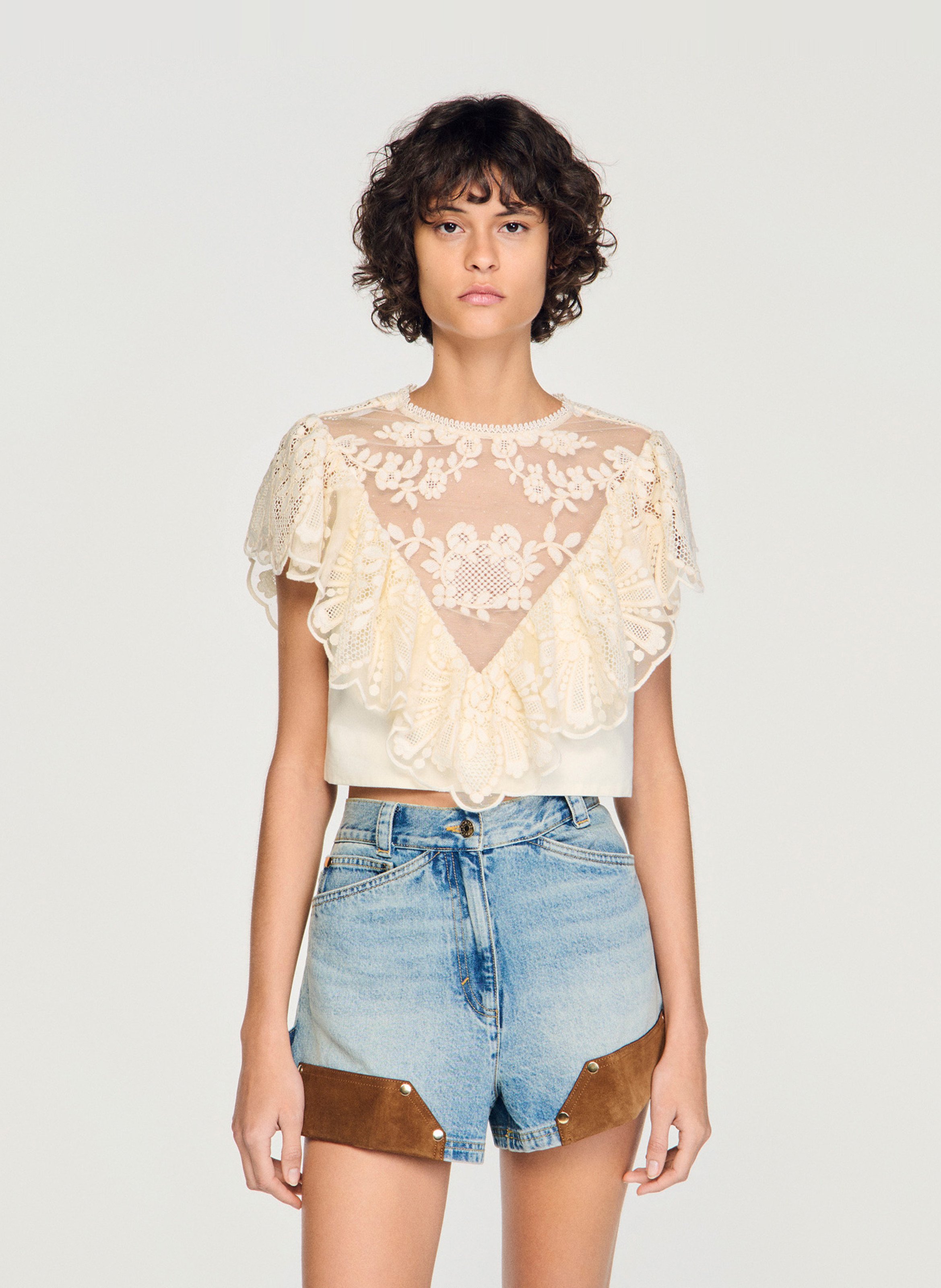 Top manches courtes en dentelle florale SANDRO Beige