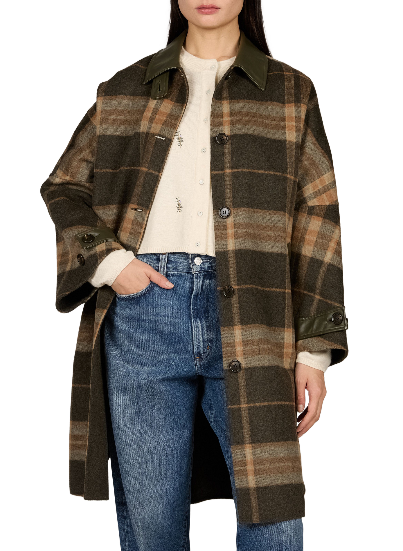 Karierter Mantel mit Schal aus Wollmischung BERENICE Khaki