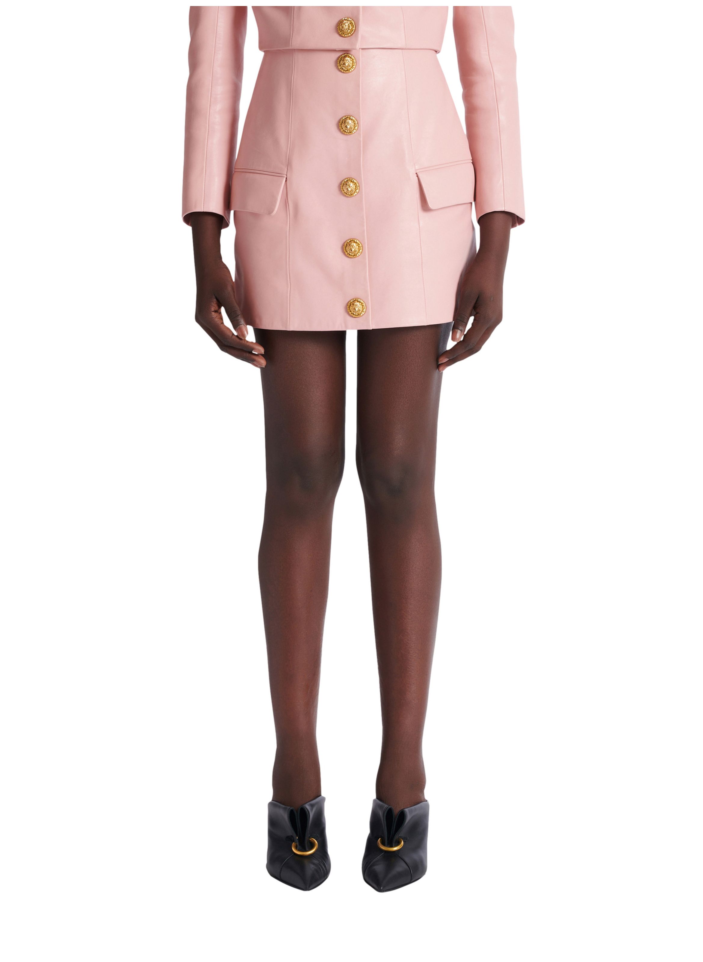 Jupe courte boutonnée en cuir d’agneau BALMAIN Rose