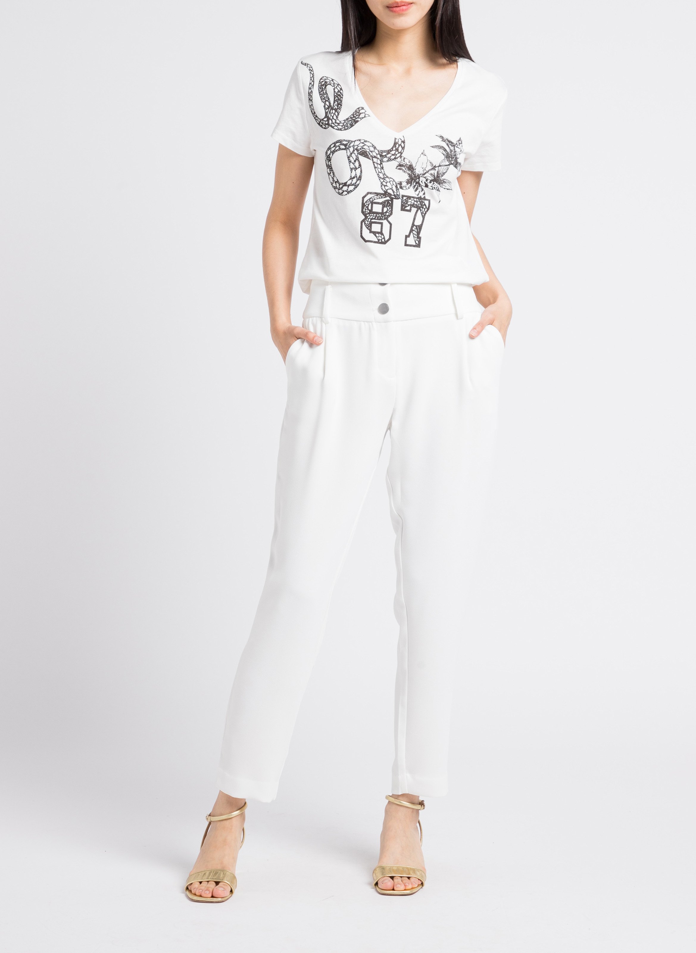 Pantalon carotte taille haute ceinturée IKKS Blanc