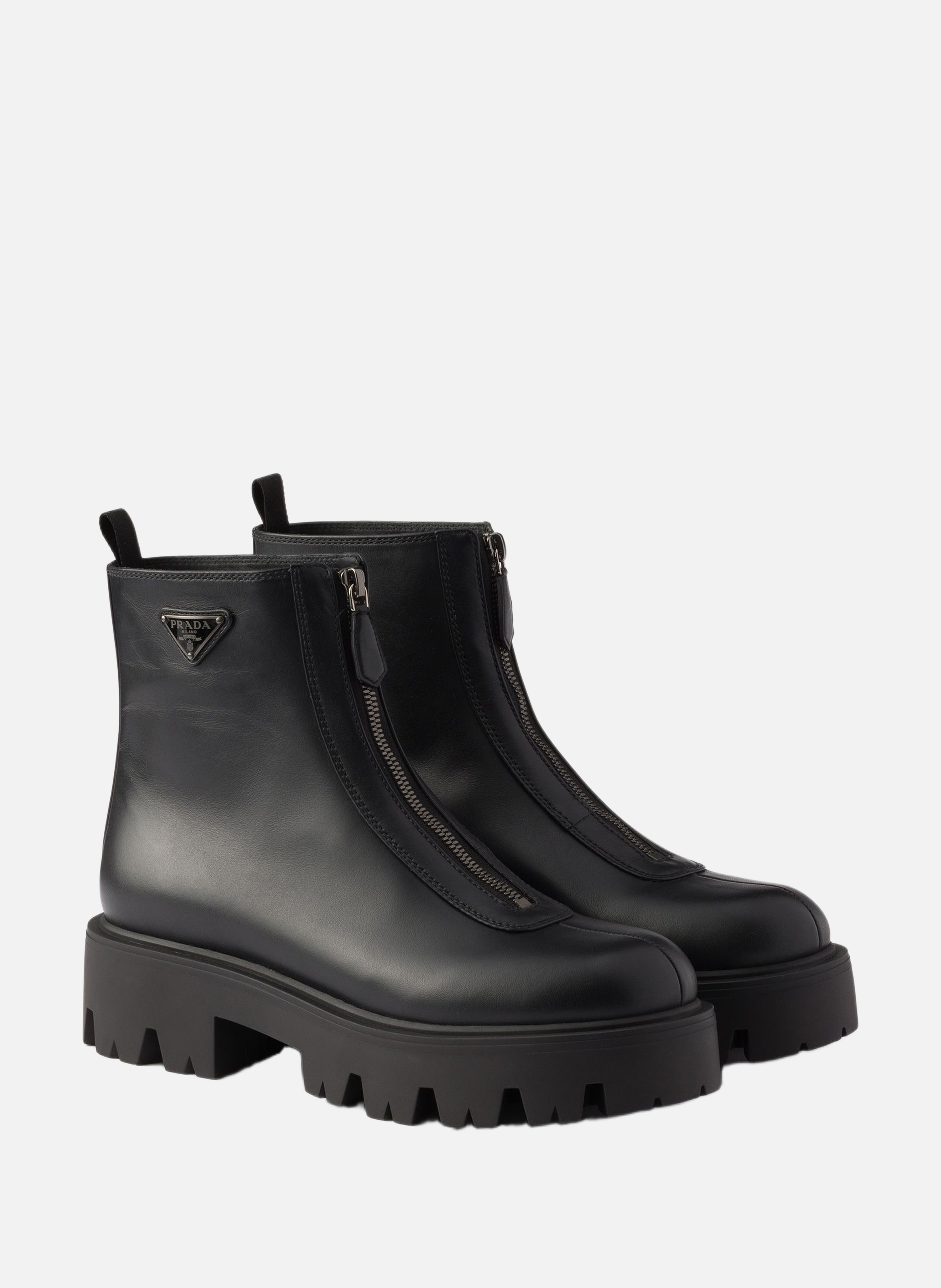 Bottines en cuir avec fermeture à glissière PRADA Noir