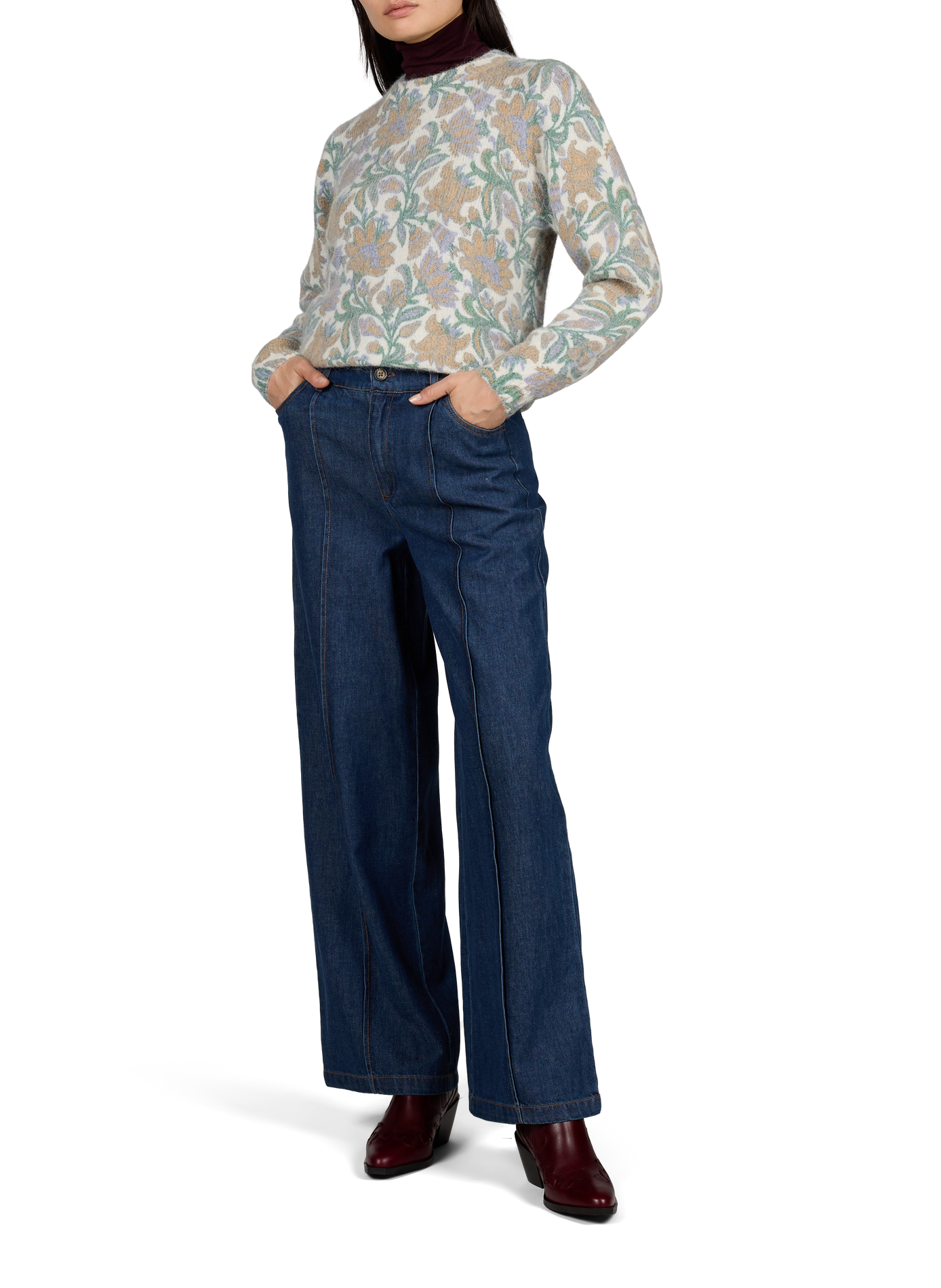 Gerade geschnittener Pullover mit Rundhalsausschnitt und bedrucktem Wollmischgewebe PETITE MENDIGOTE Beige