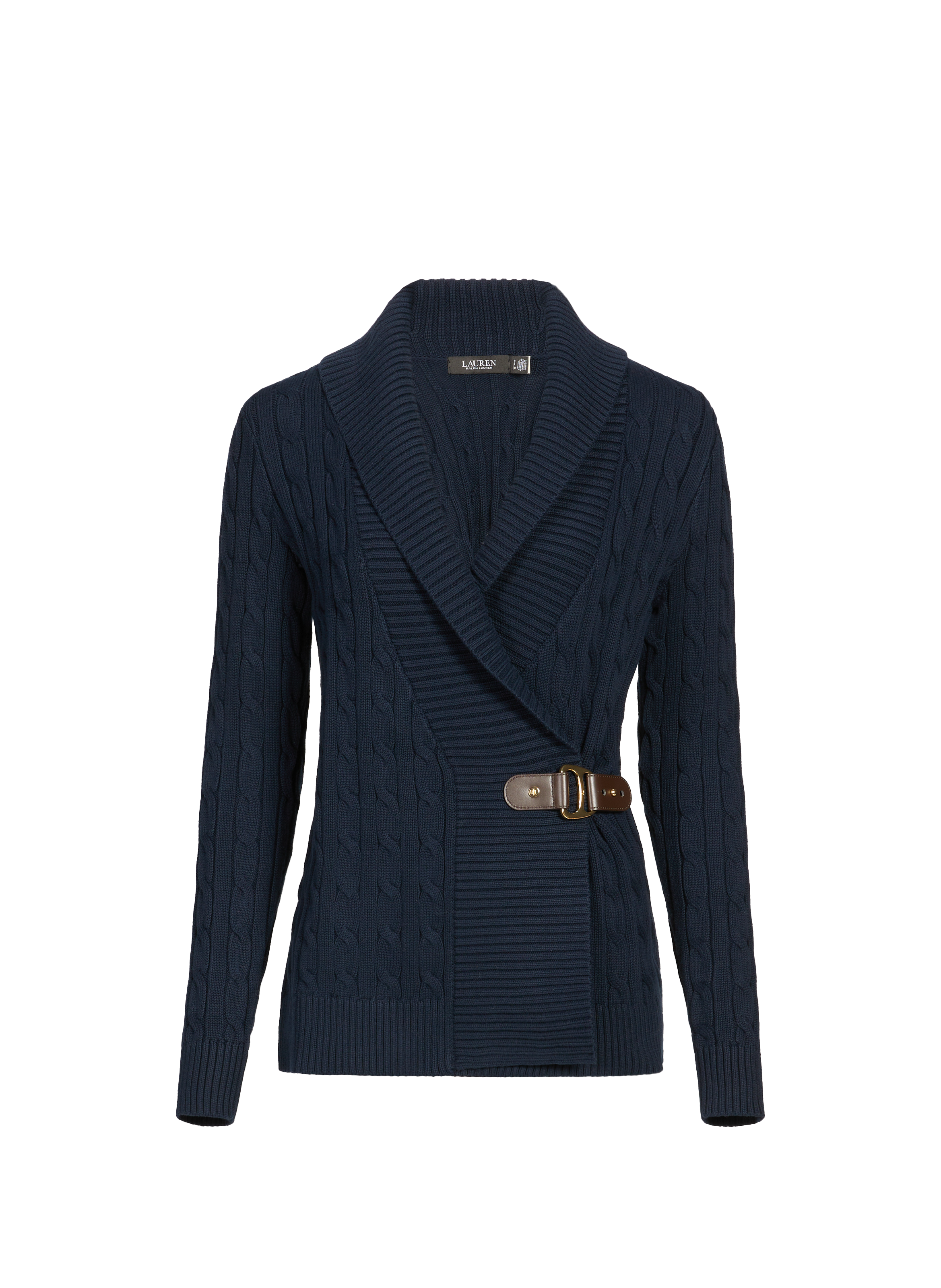 LAUREN Cotton twisted knit sweater with belt. Blue