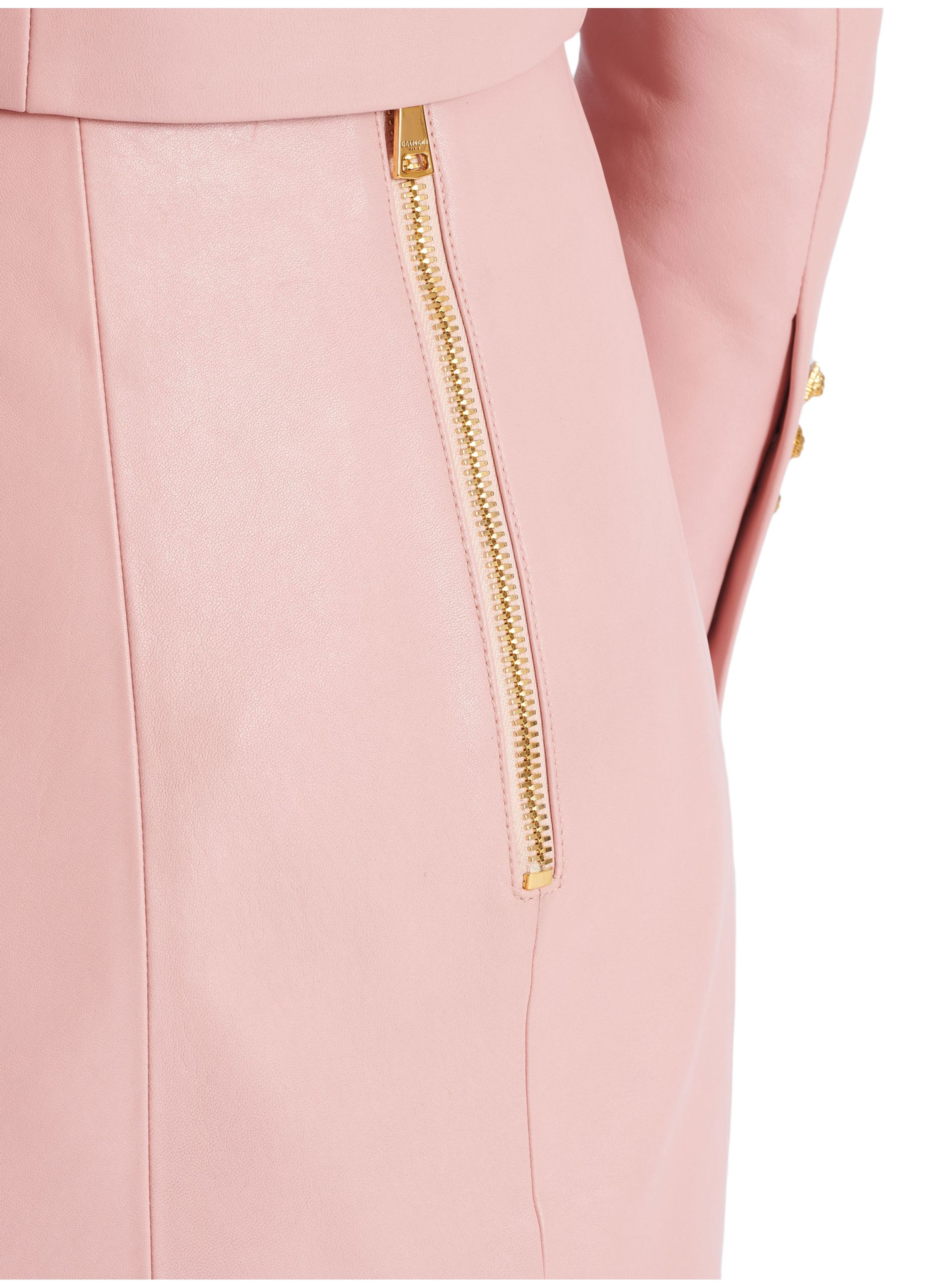Jupe courte boutonnée en cuir d’agneau BALMAIN Rose