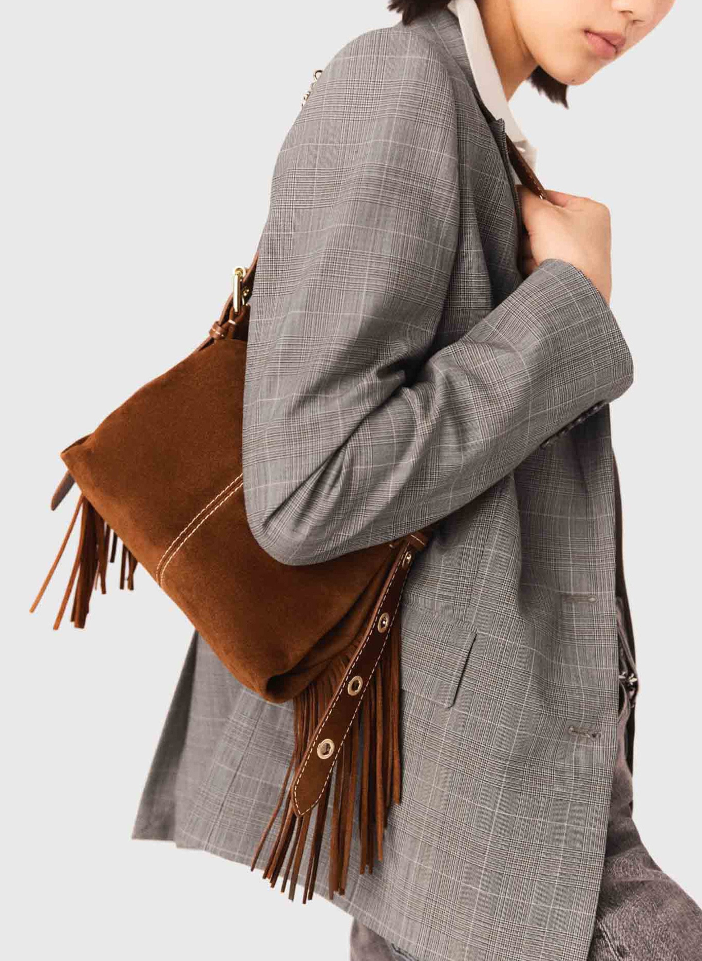 Sac bandoulière frangé en cuir suédé miss m mini MAJE Marron