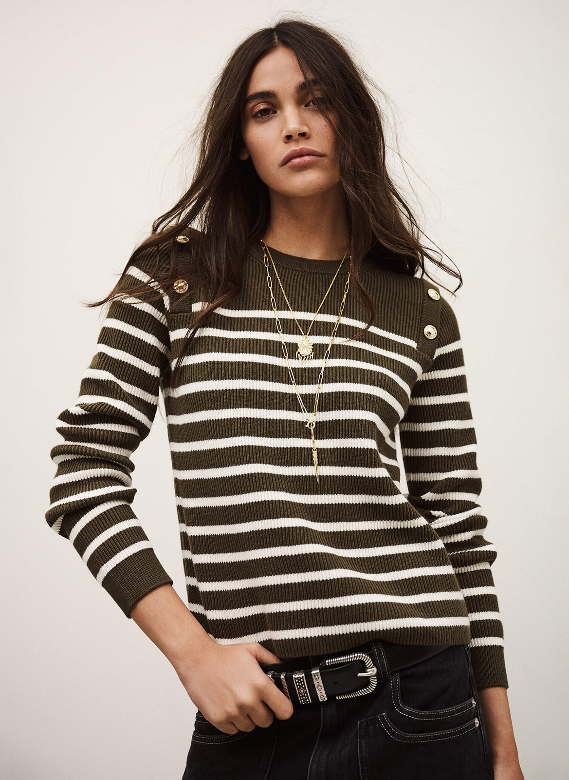 Pull droit col rond en coton et laine mélangé imprimé matio BA&SH Kaki