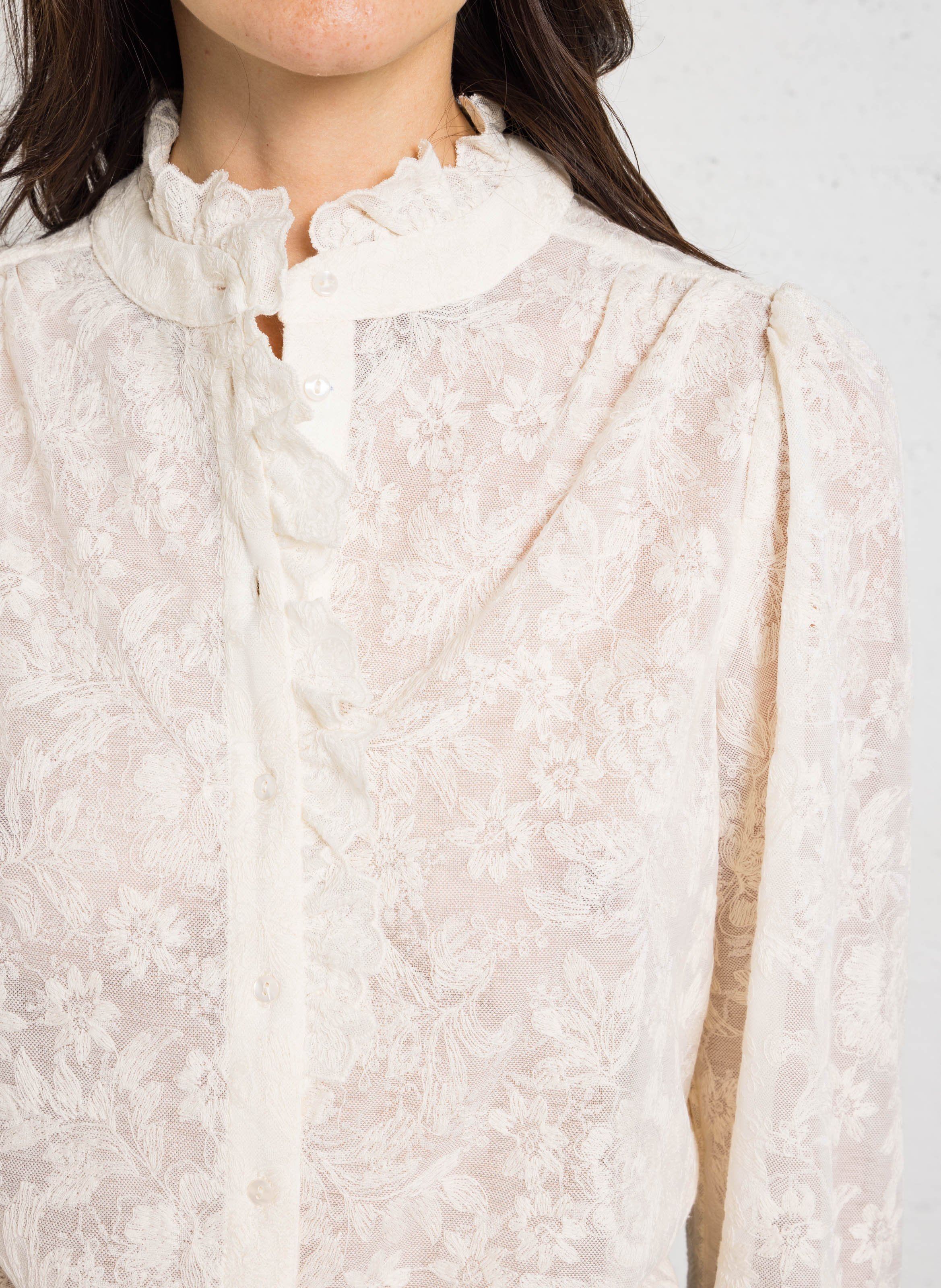 Chemise droite col montant en coton brodé merveille MAISON 123 Beige