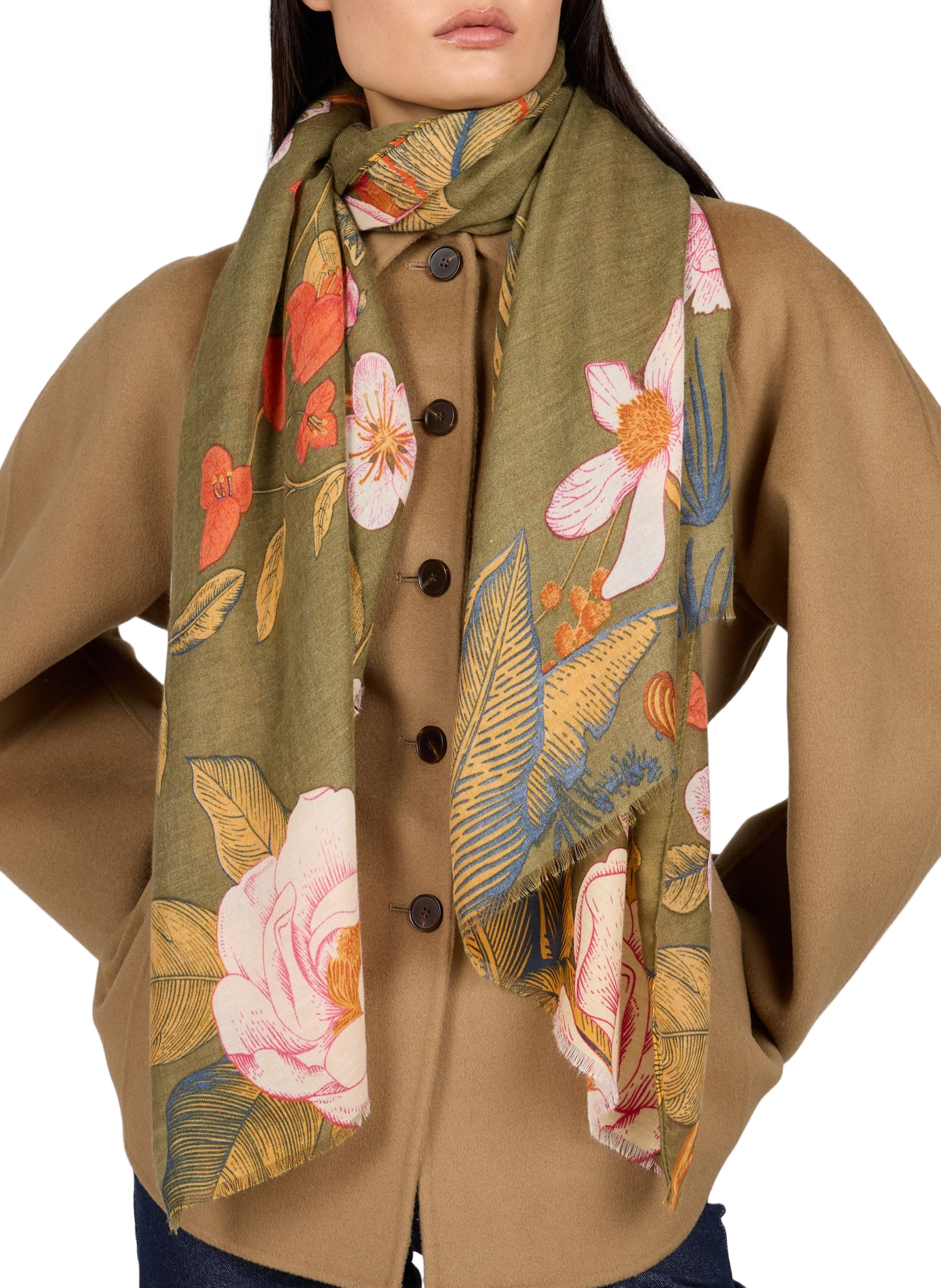 Foulard à motif fleuri avec franges AU PRINTEMPS PARIS Kaki
