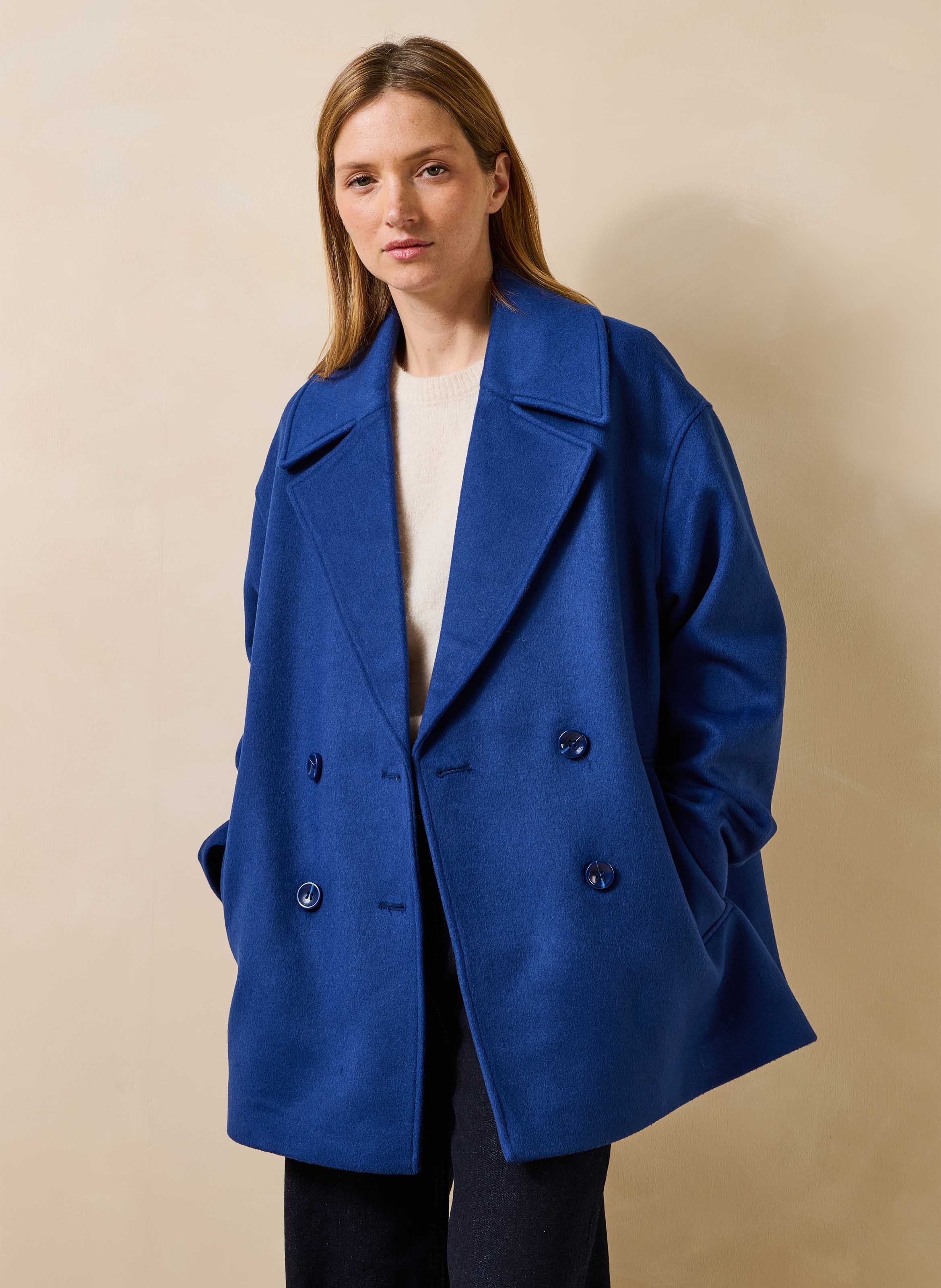 Ruimvallende effen peacoat van wolmix LA FEE MARABOUTEE Blauw