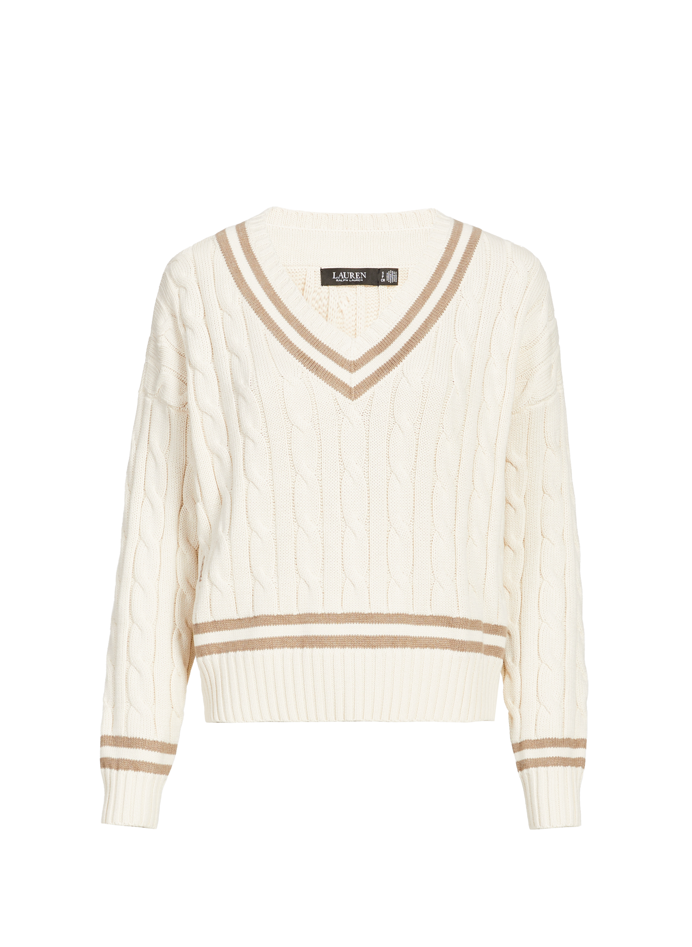 LAUREN Cotton twisted knit V-neck sweater Beige