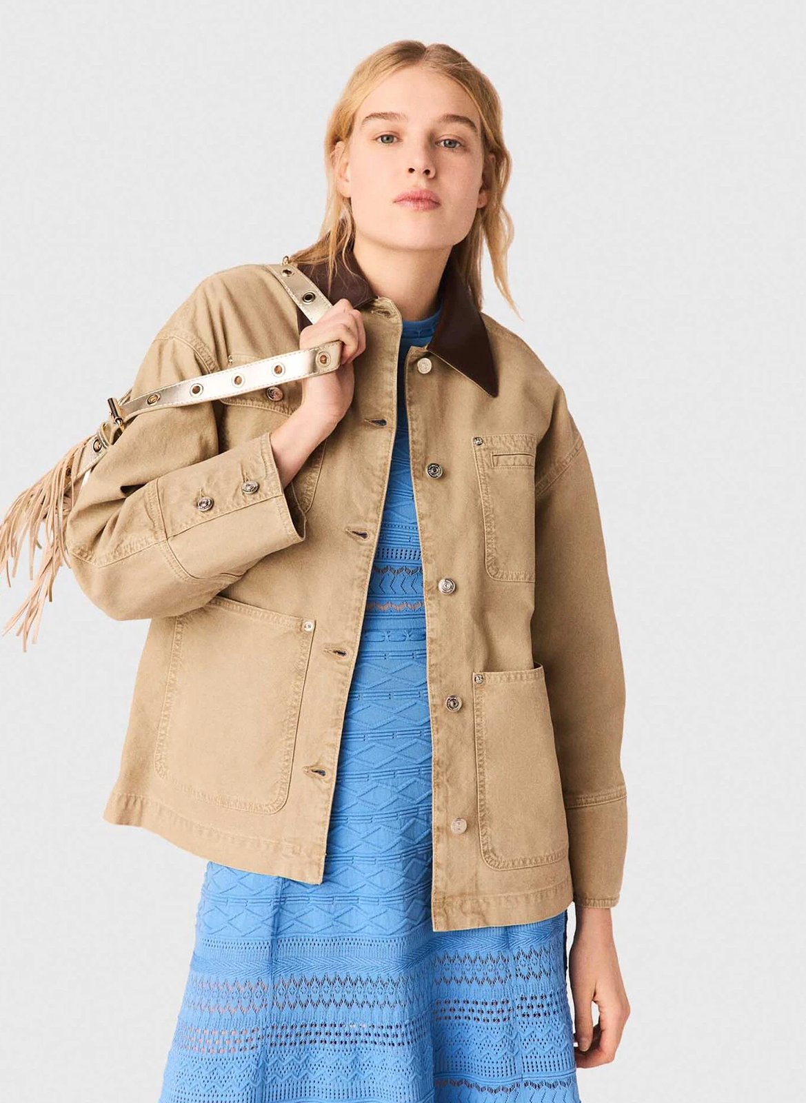Veste droite dos froncé boutonnée unie MAJE Beige