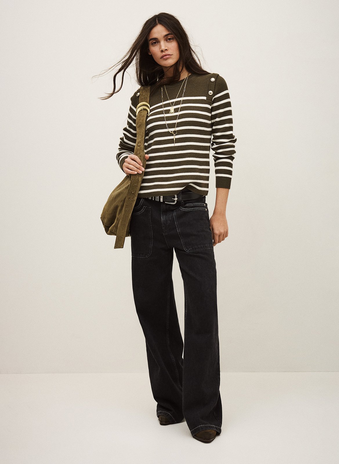 Pull droit col rond en coton et laine mélangé imprimé matio BA&SH Kaki