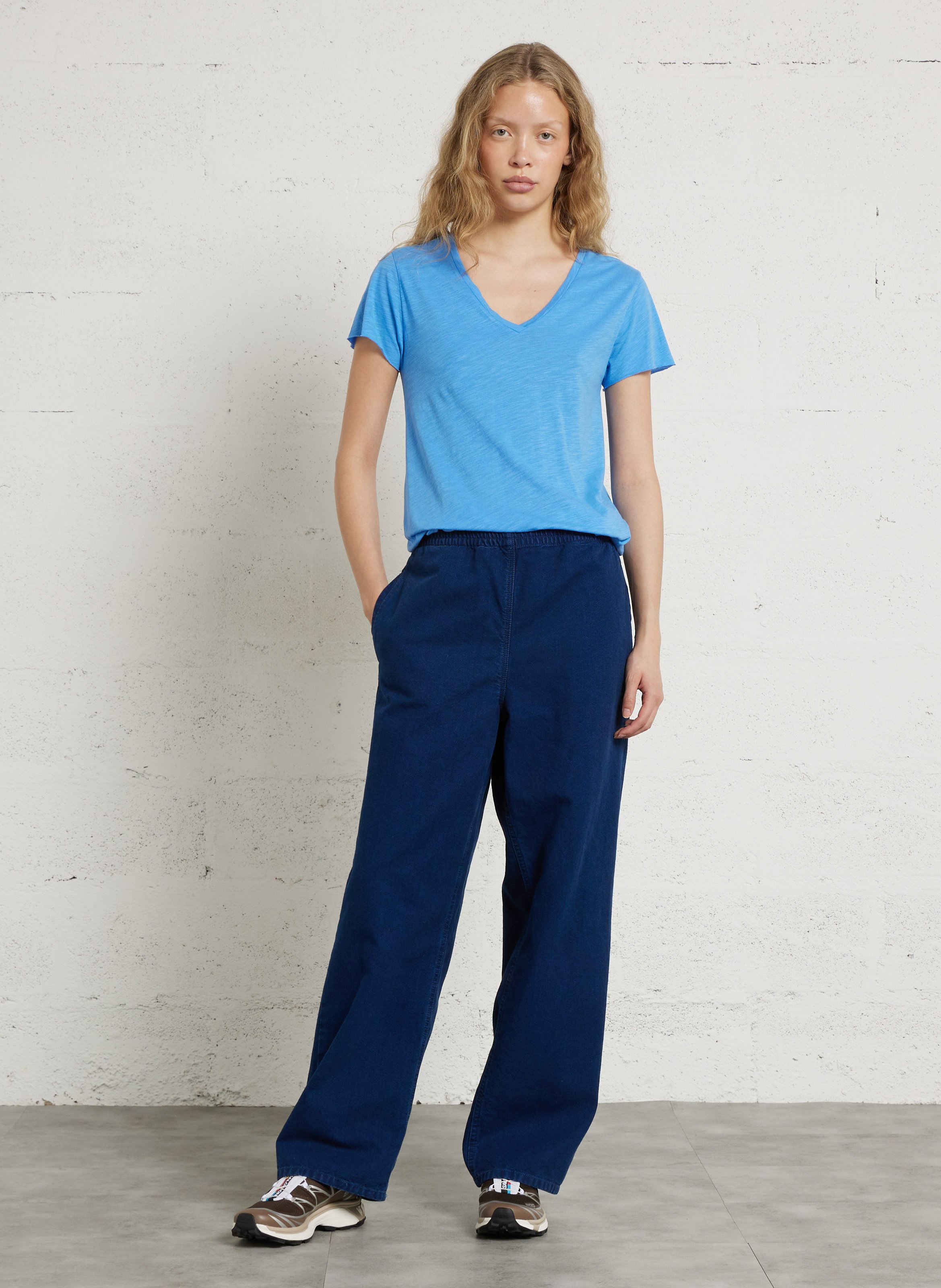 Tee-shirt droit col v en coton mélangé jacksonville AMERICAN VINTAGE Bleu