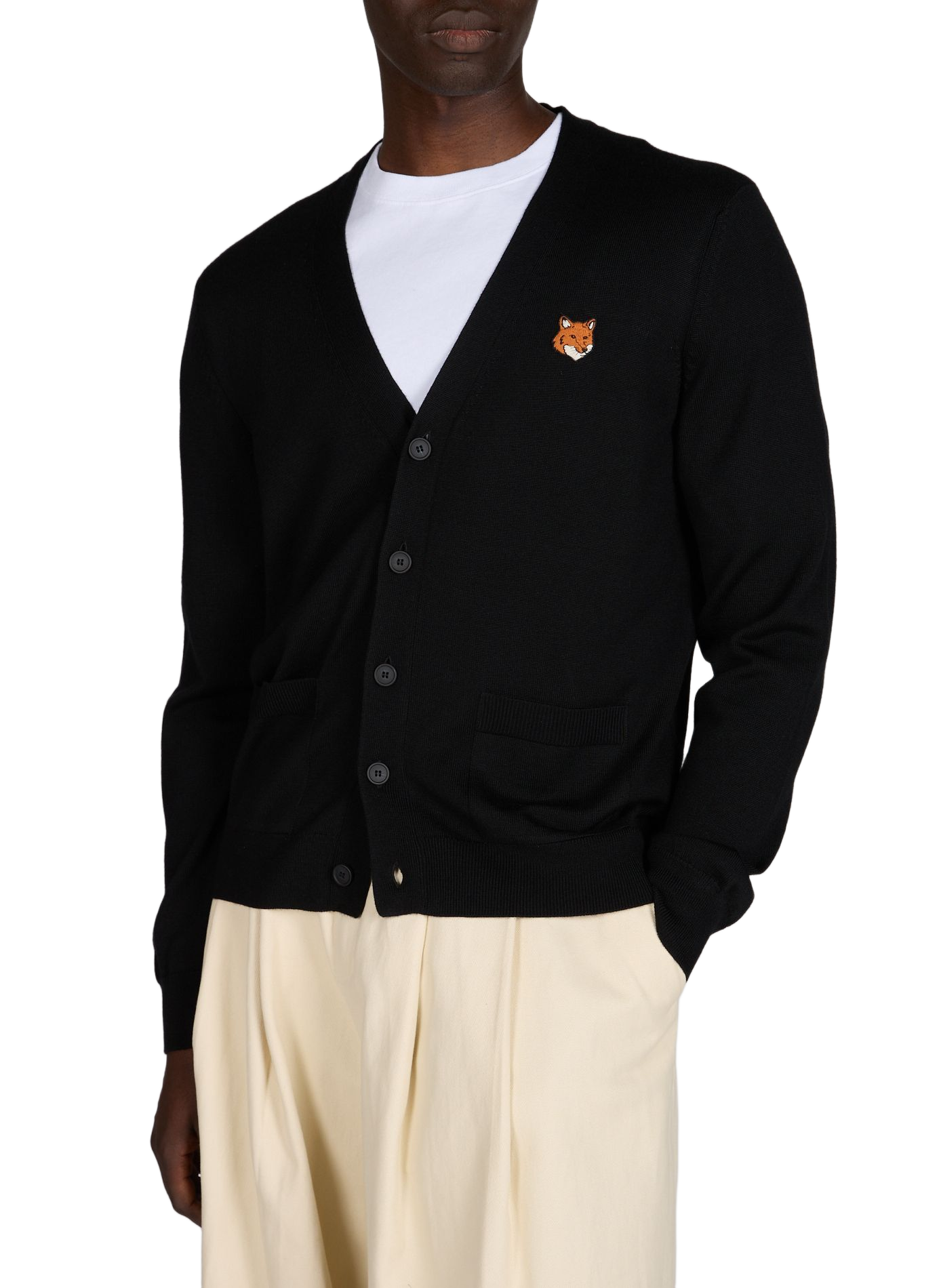 Cardigan coupe regular à patch Fox Head brodé en lain MAISON KITSUNÉ Noir