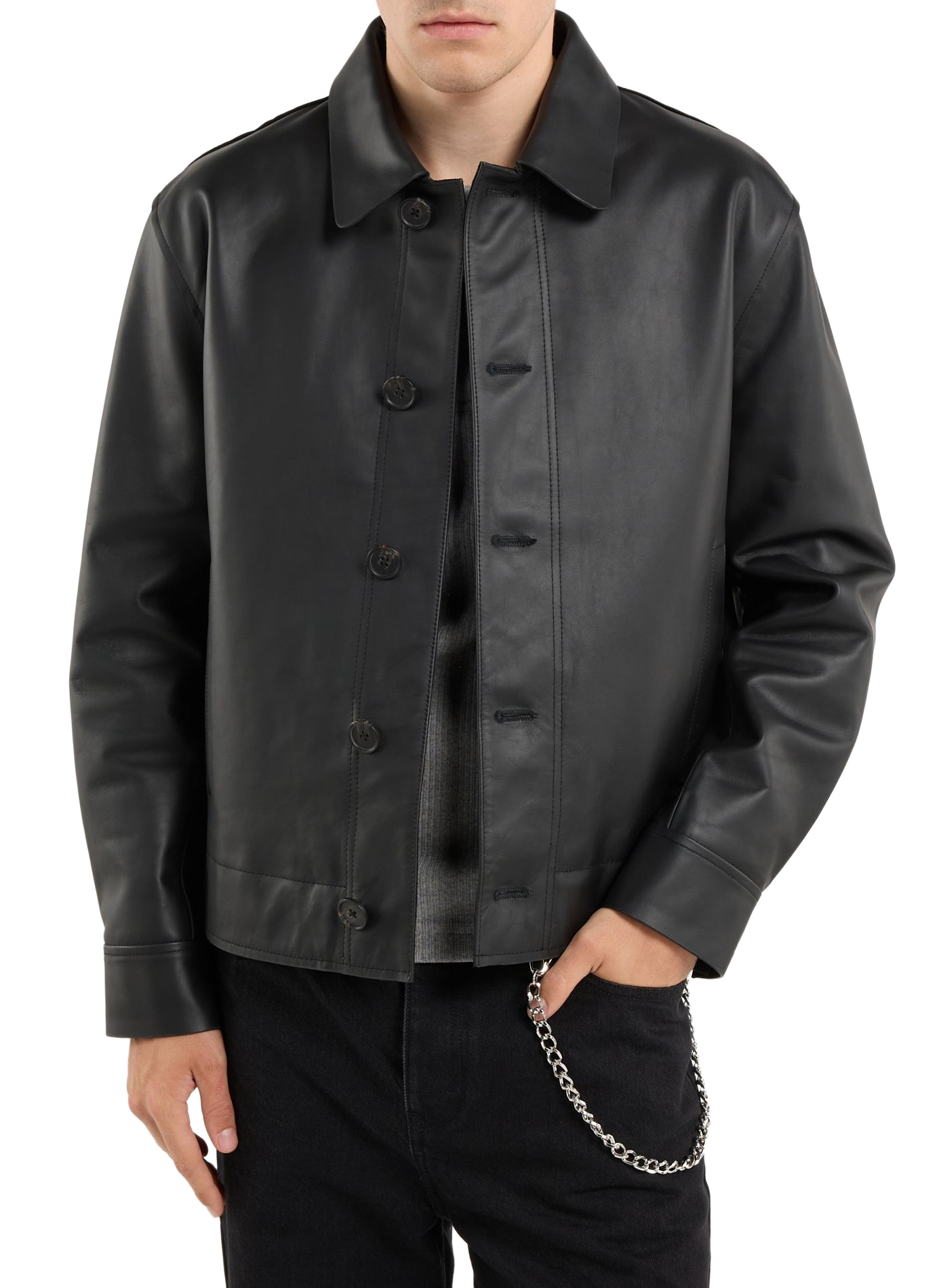 Gerader Lederblouson mit Knopfleiste SAISON 1865 Schwarz