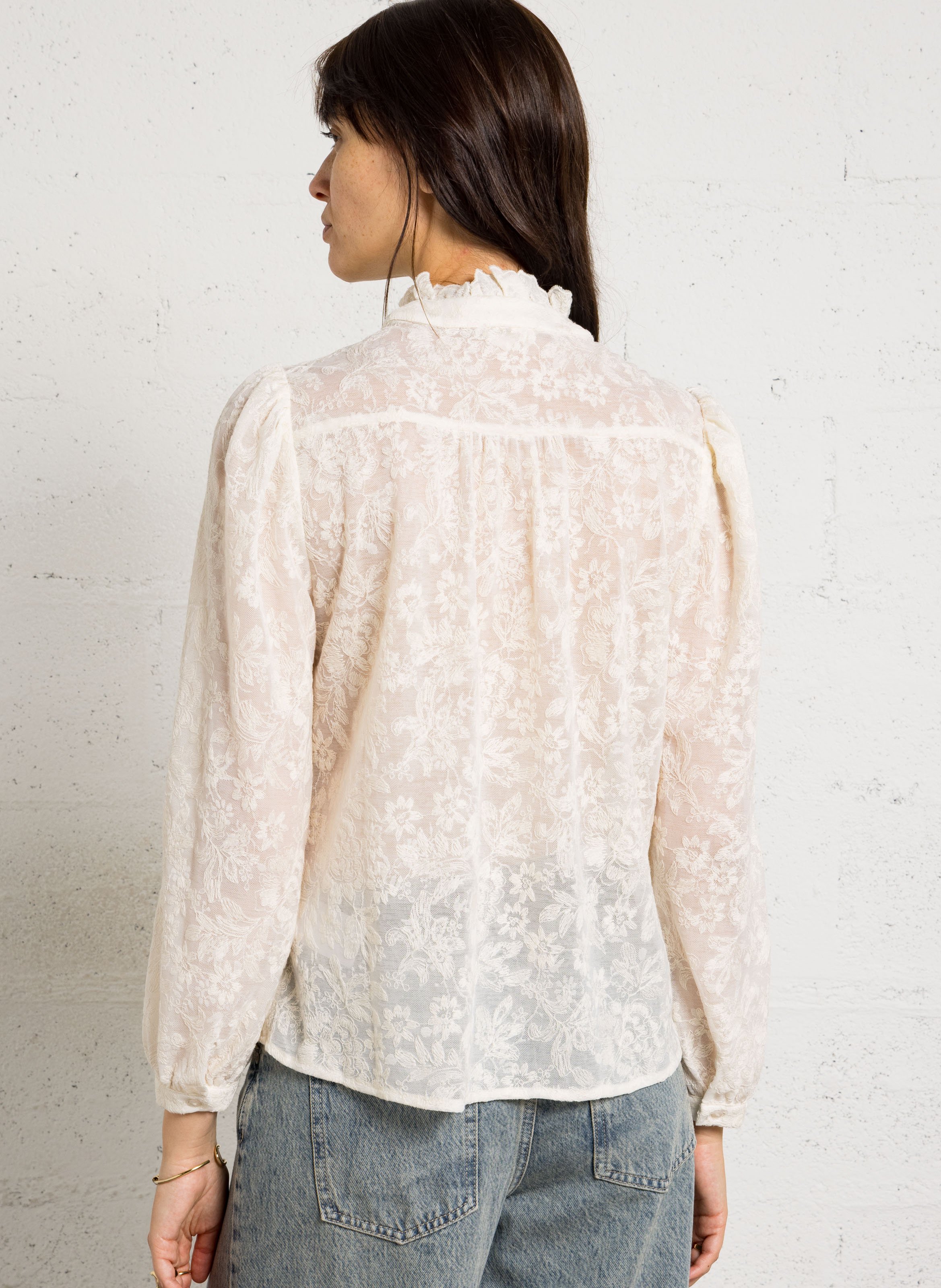 Chemise droite col montant en coton brodé merveille MAISON 123 Beige