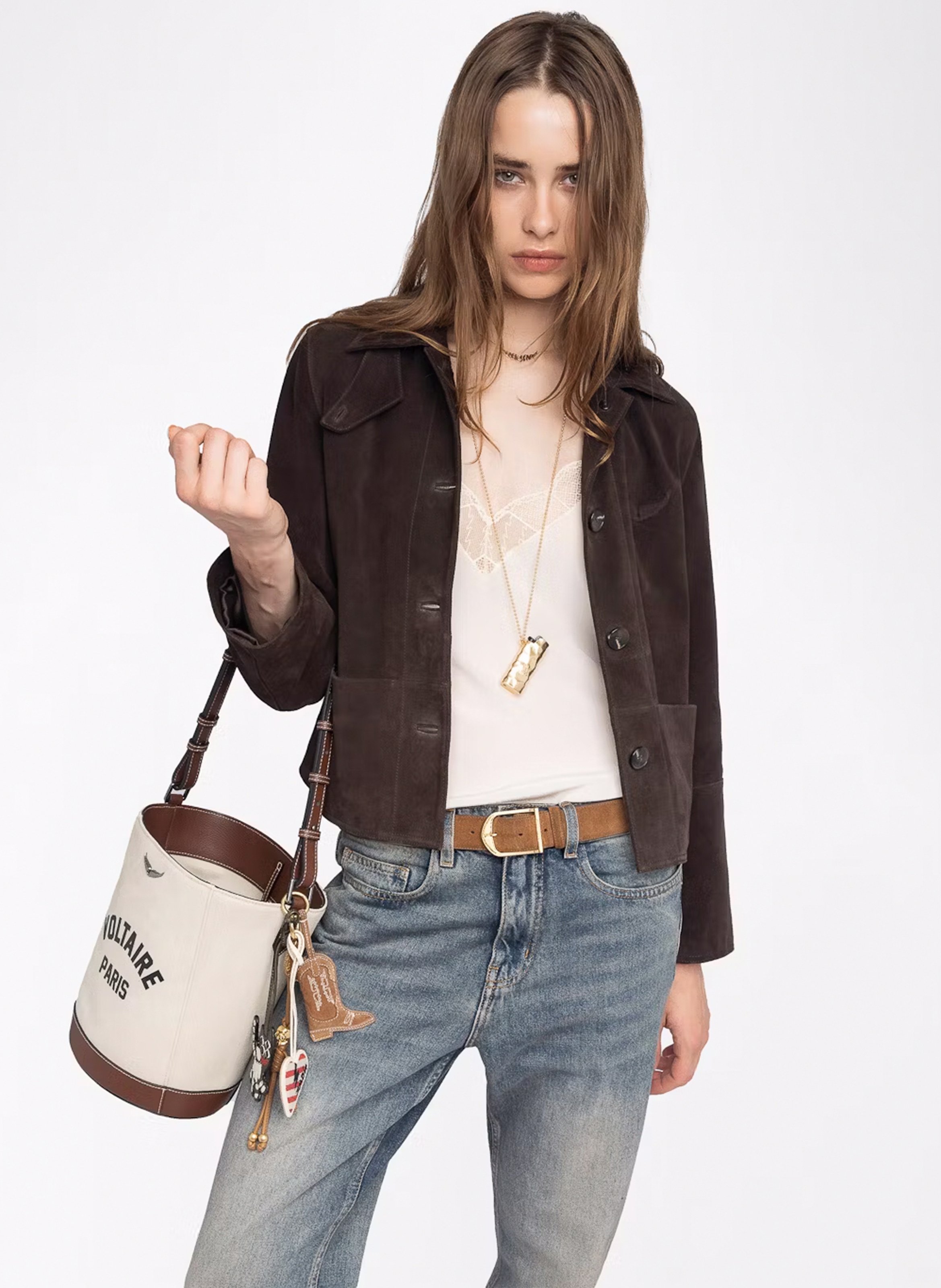 Blouson col classique en cuir lessa ZADIG&VOLTAIRE Marron