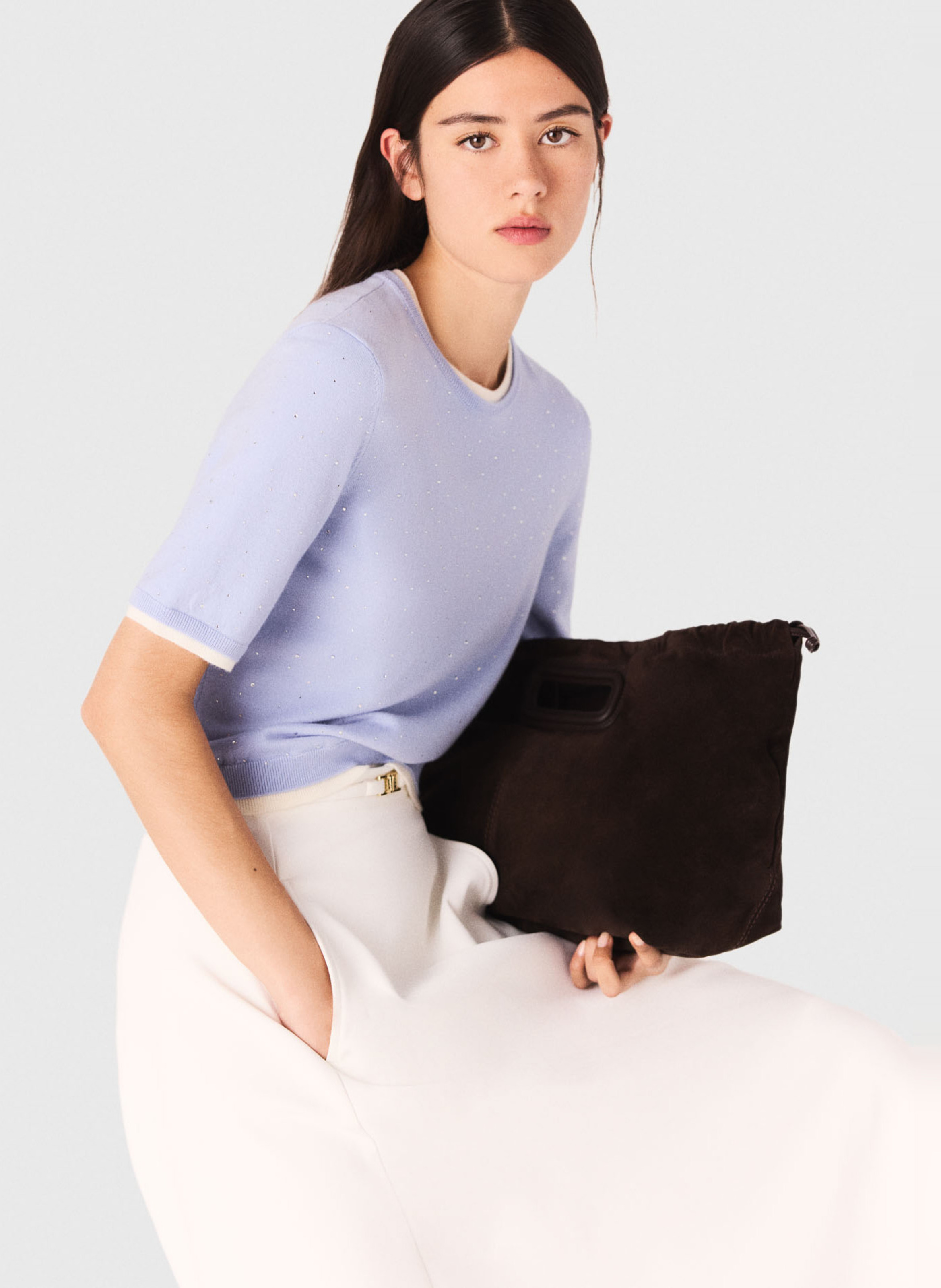 Pull col rond en laine mélangée Bleu