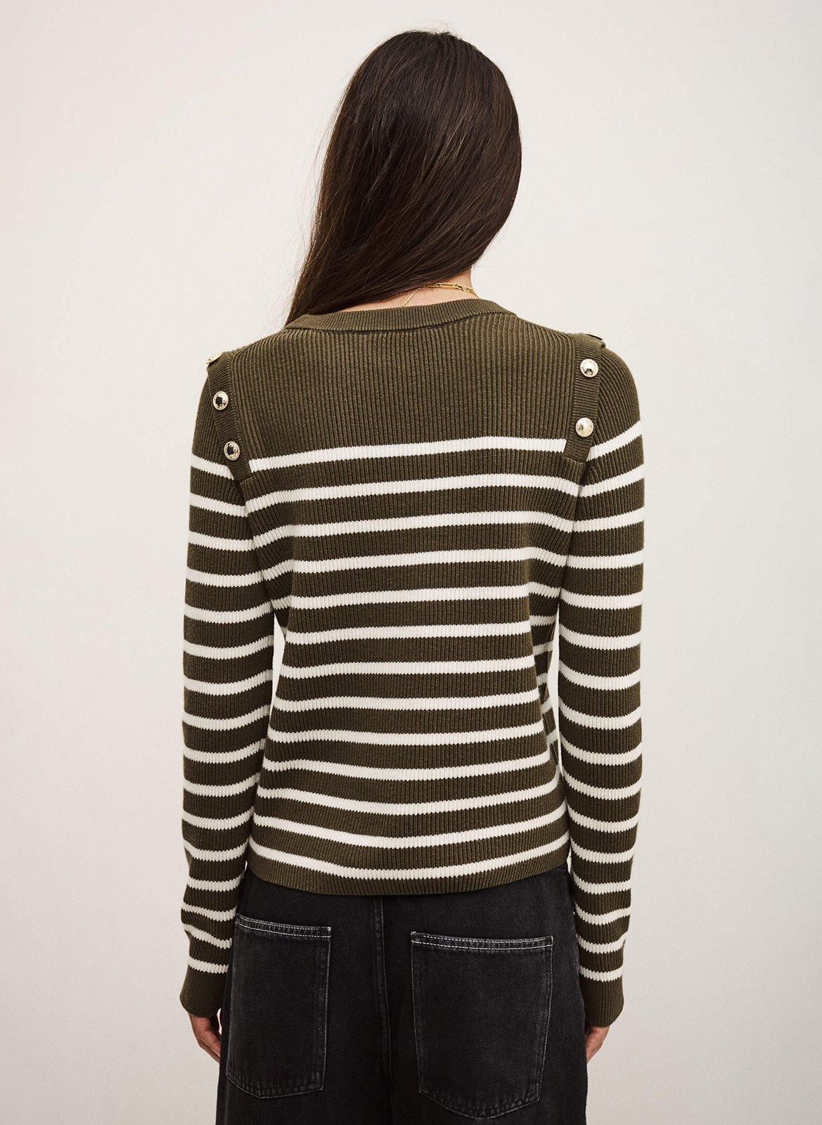 Pull droit col rond en coton et laine mélangé imprimé matio BA&SH Kaki