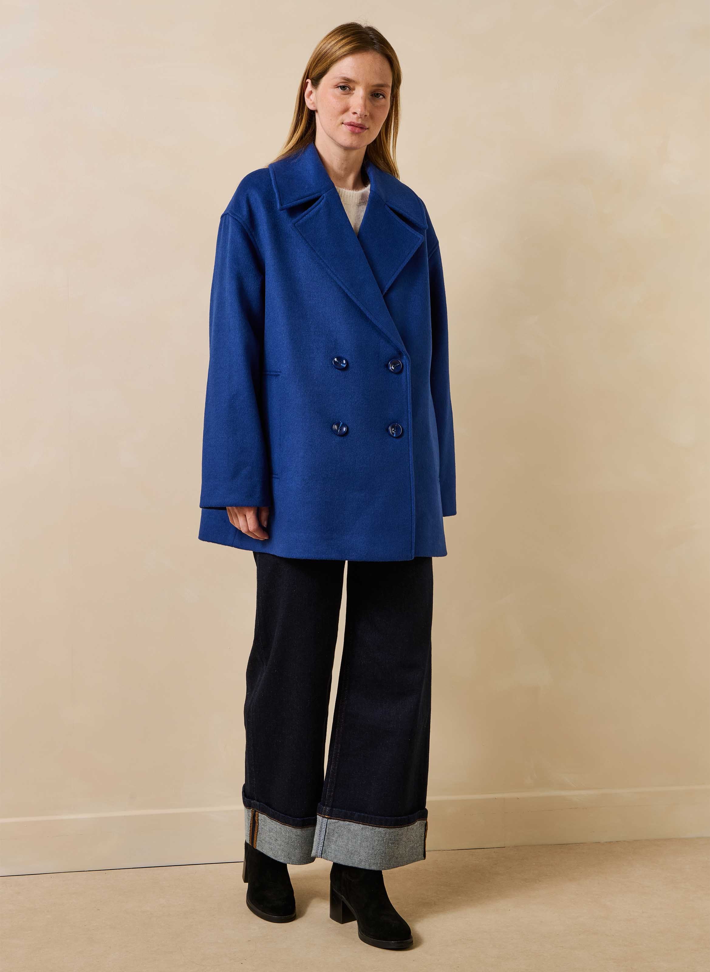 Ruimvallende effen peacoat van wolmix LA FEE MARABOUTEE Blauw