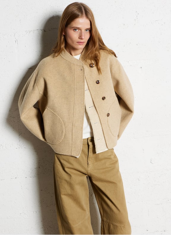 Manteau col rond en laine mélangée windsor Beige by SOEUR SOEUR Manteau col rond en laine mélangée windsor Beige