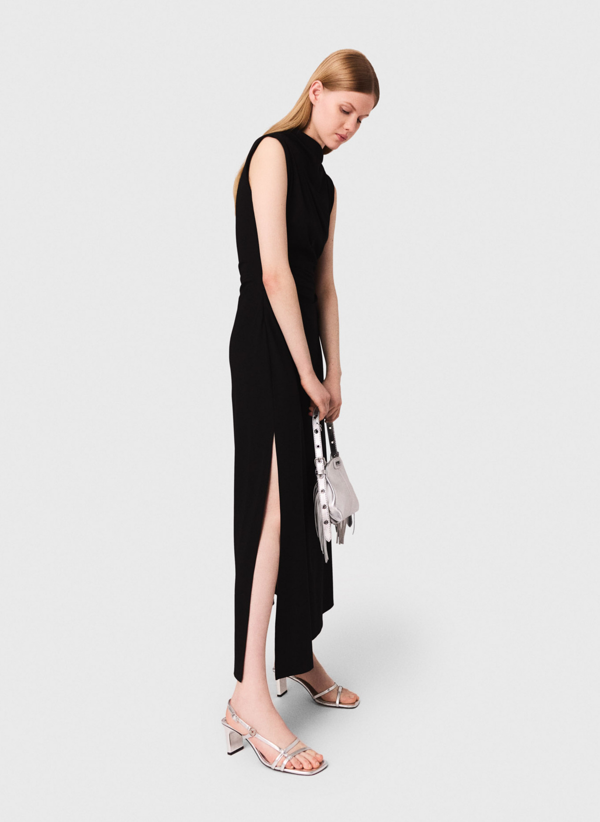 Robe longue cintrée col montant MAJE Noir