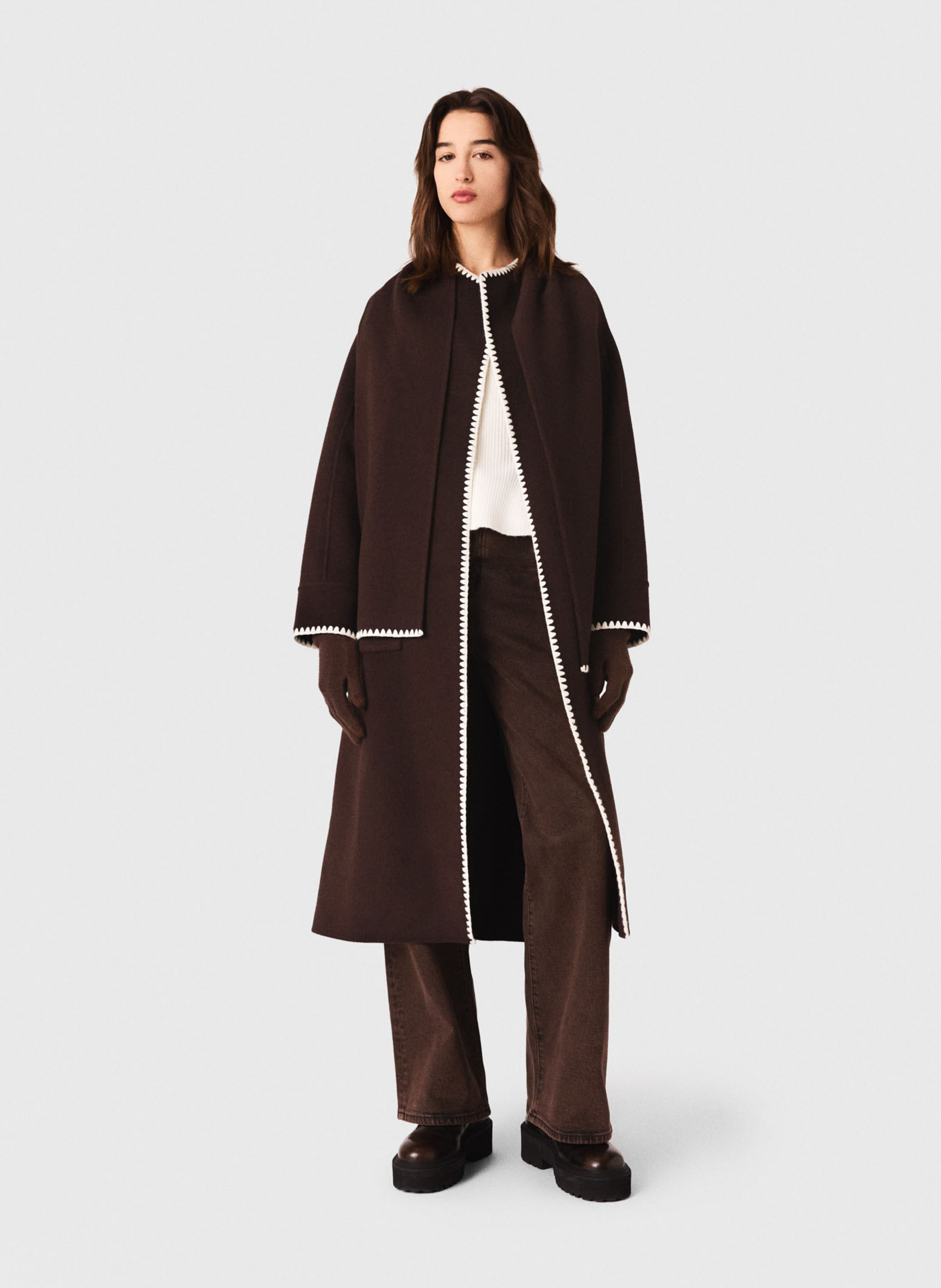 MAJE Manteau long double face brodé en laine mélangée Marron