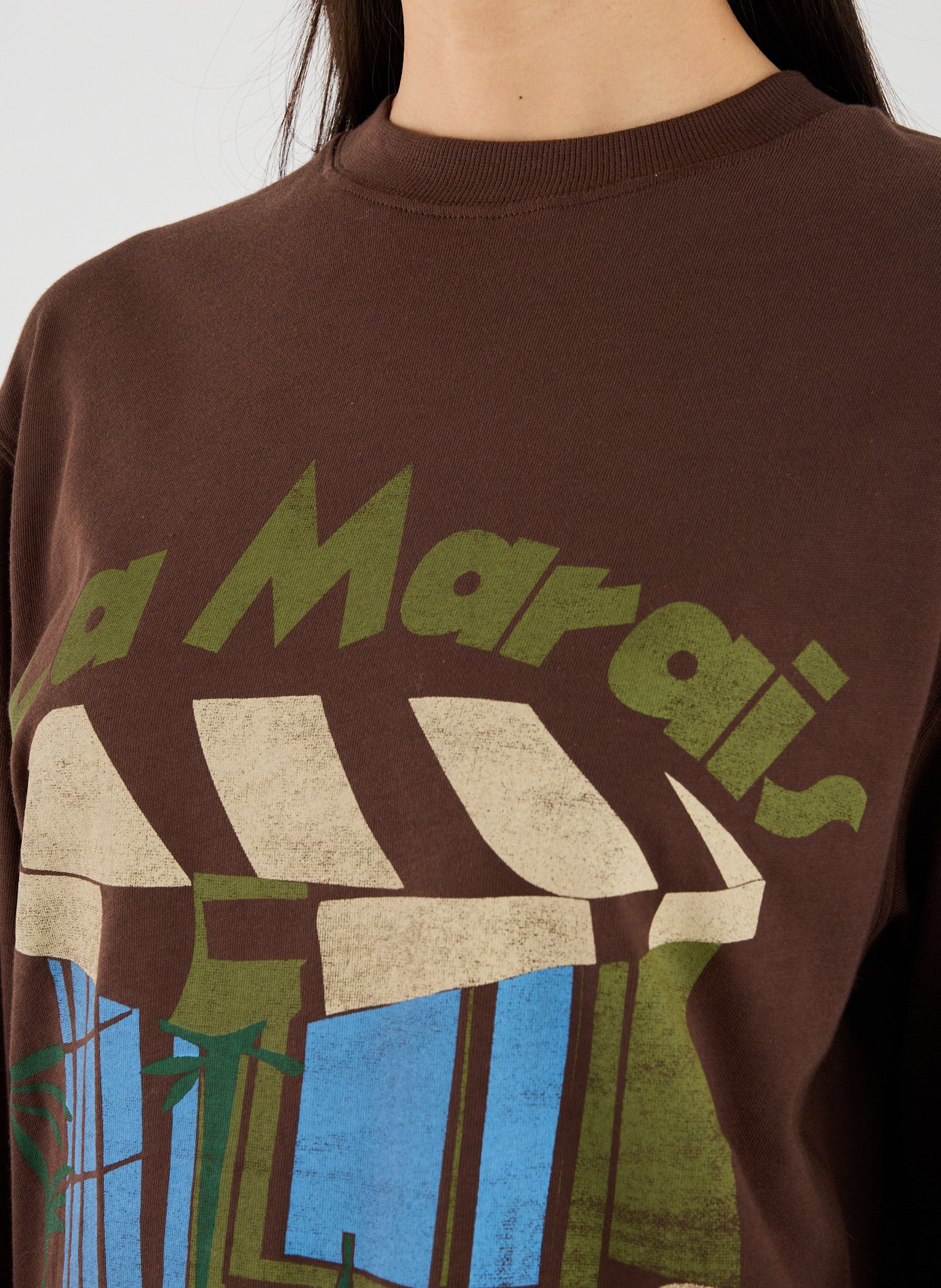 T-shirt manches longues imprimé en coton TOPSHOP Marron