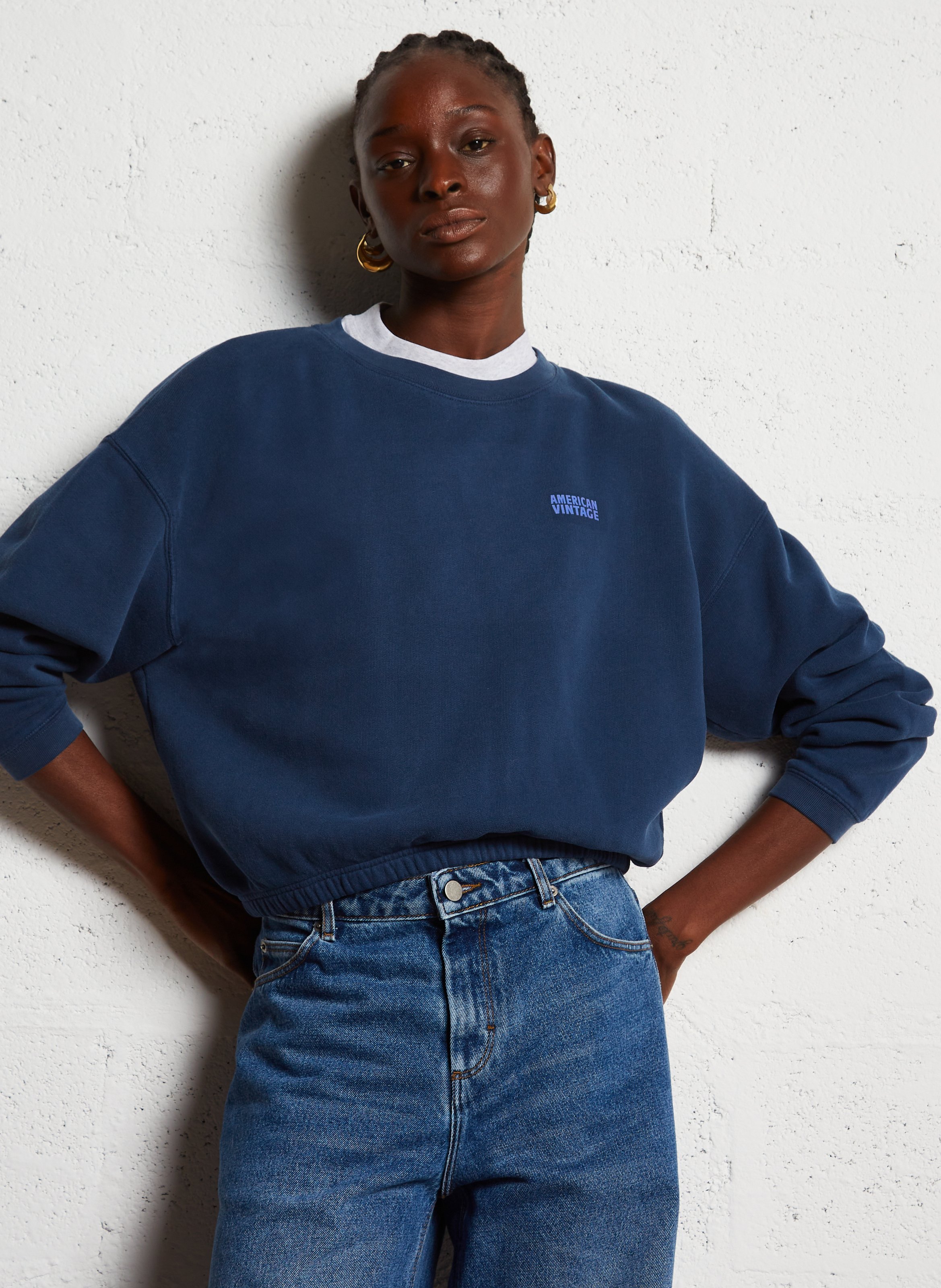 Sweat court col rond en coton mélangé izubird  Marine vintage