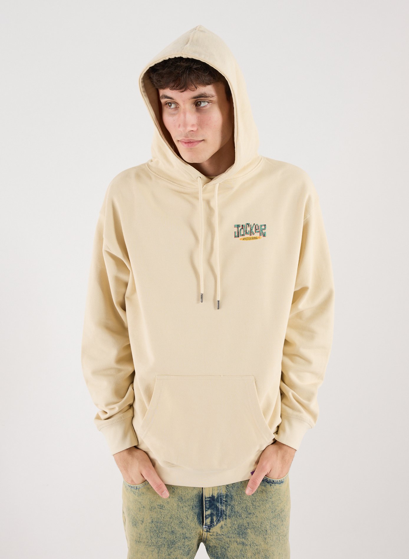 Sweat sérigraphié à capuche en coton JACKER. Beige