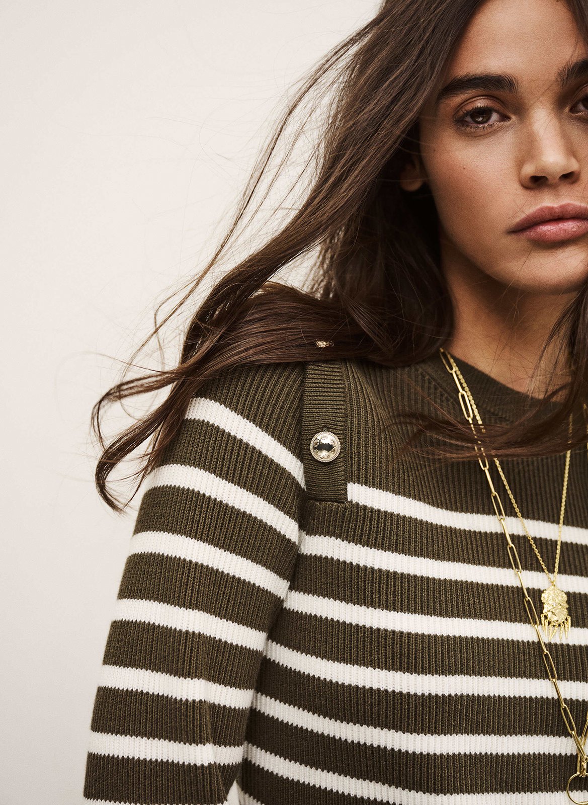 Pull droit col rond en coton et laine mélangé imprimé matio BA&SH Kaki