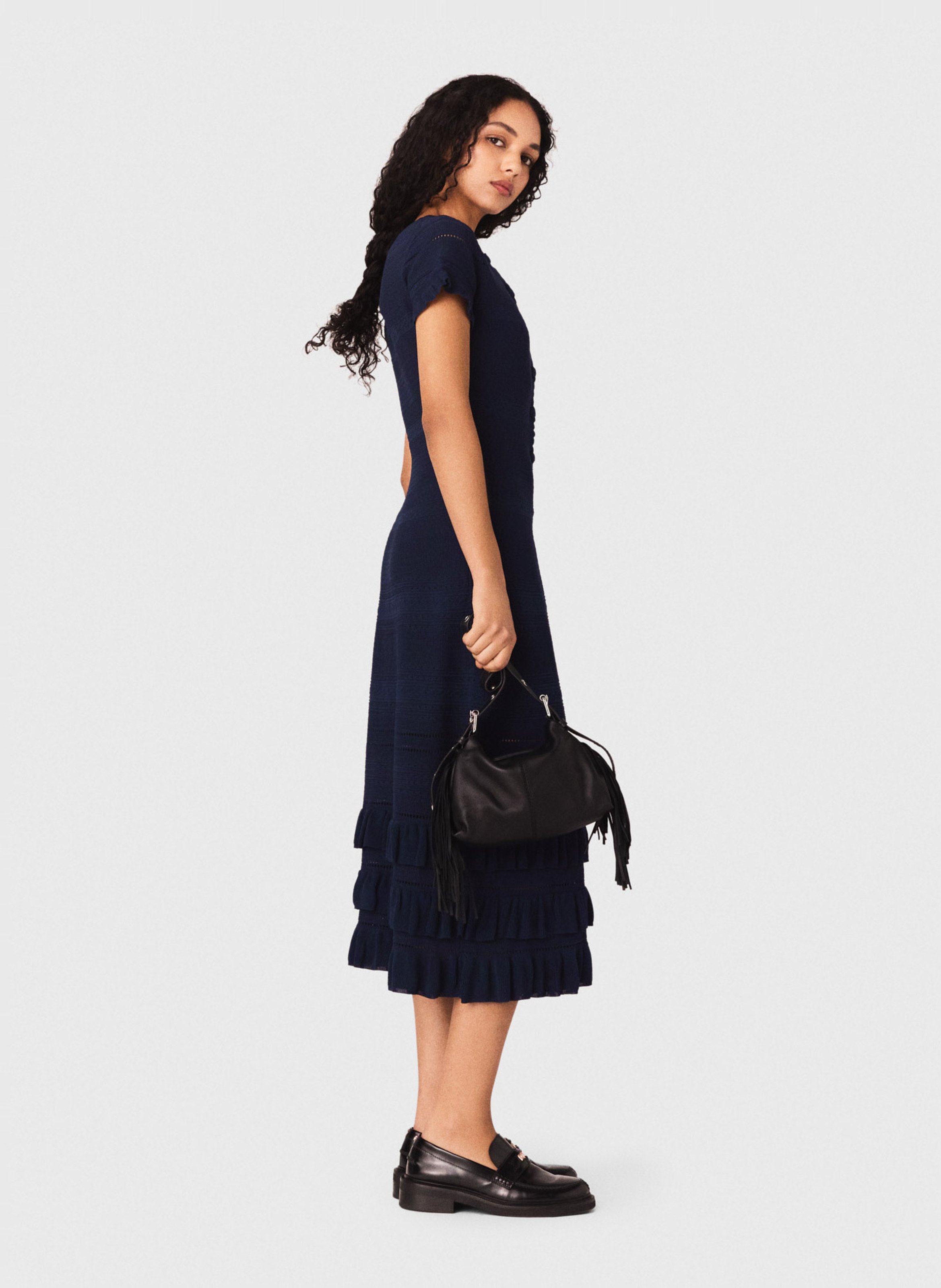 Sac bandoulière à franges en cuir miss m mini MAJE Noir