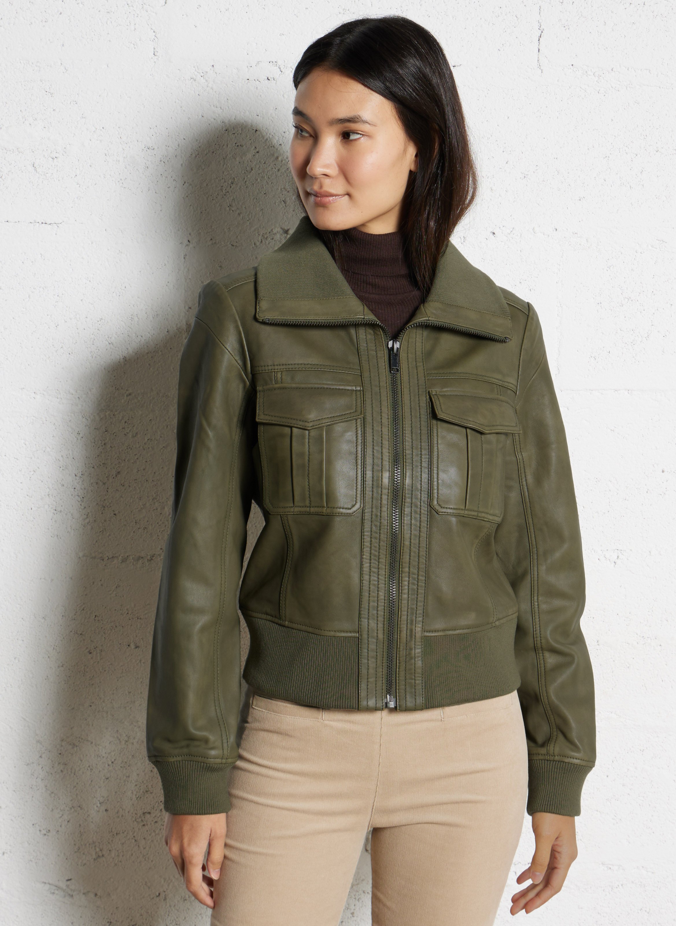 Blouson droit en cuir IKKS Kaki