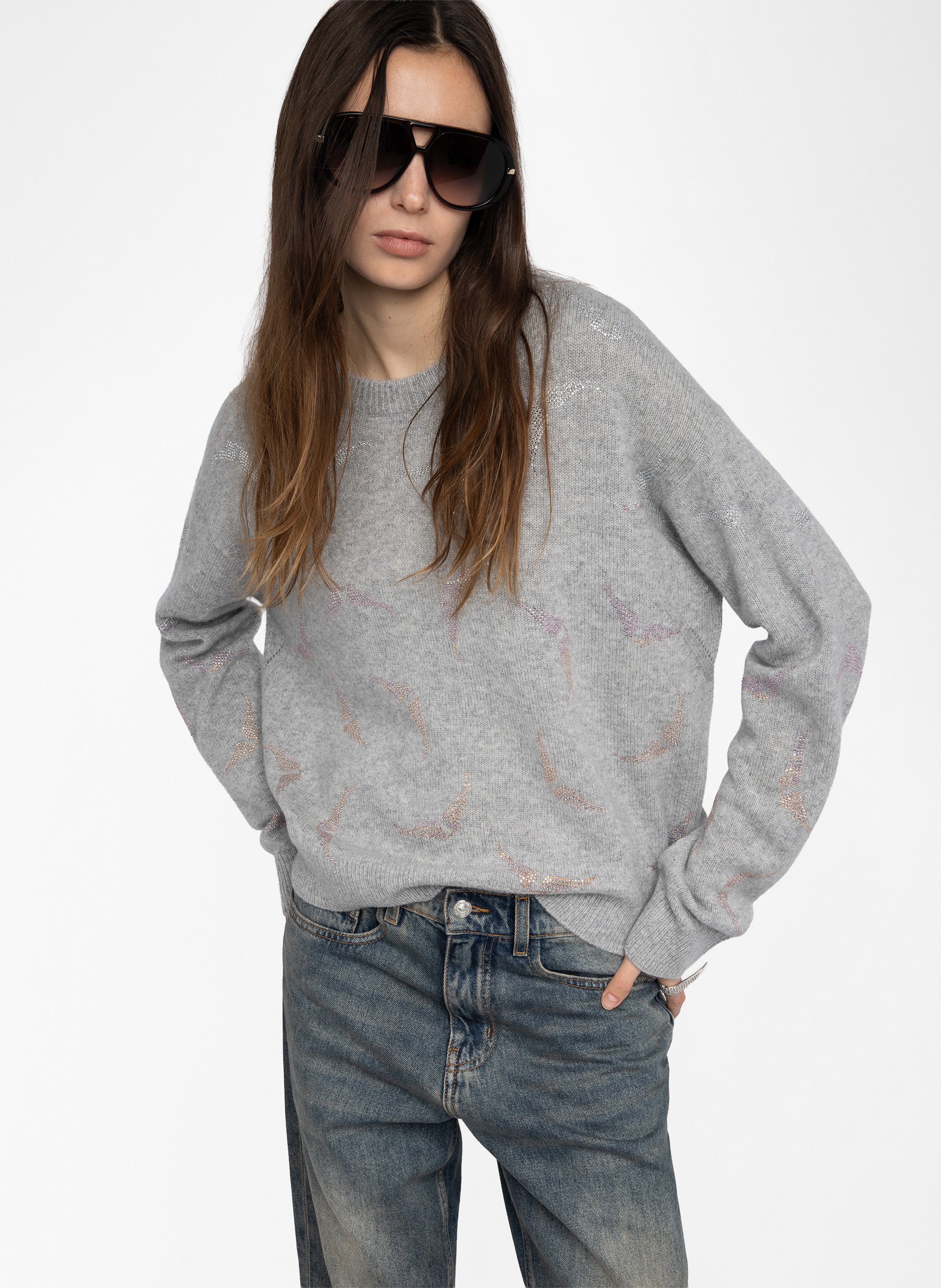 Pull droit col rond en cachemire imprimé markuz ZADIG&VOLTAIRE Gris