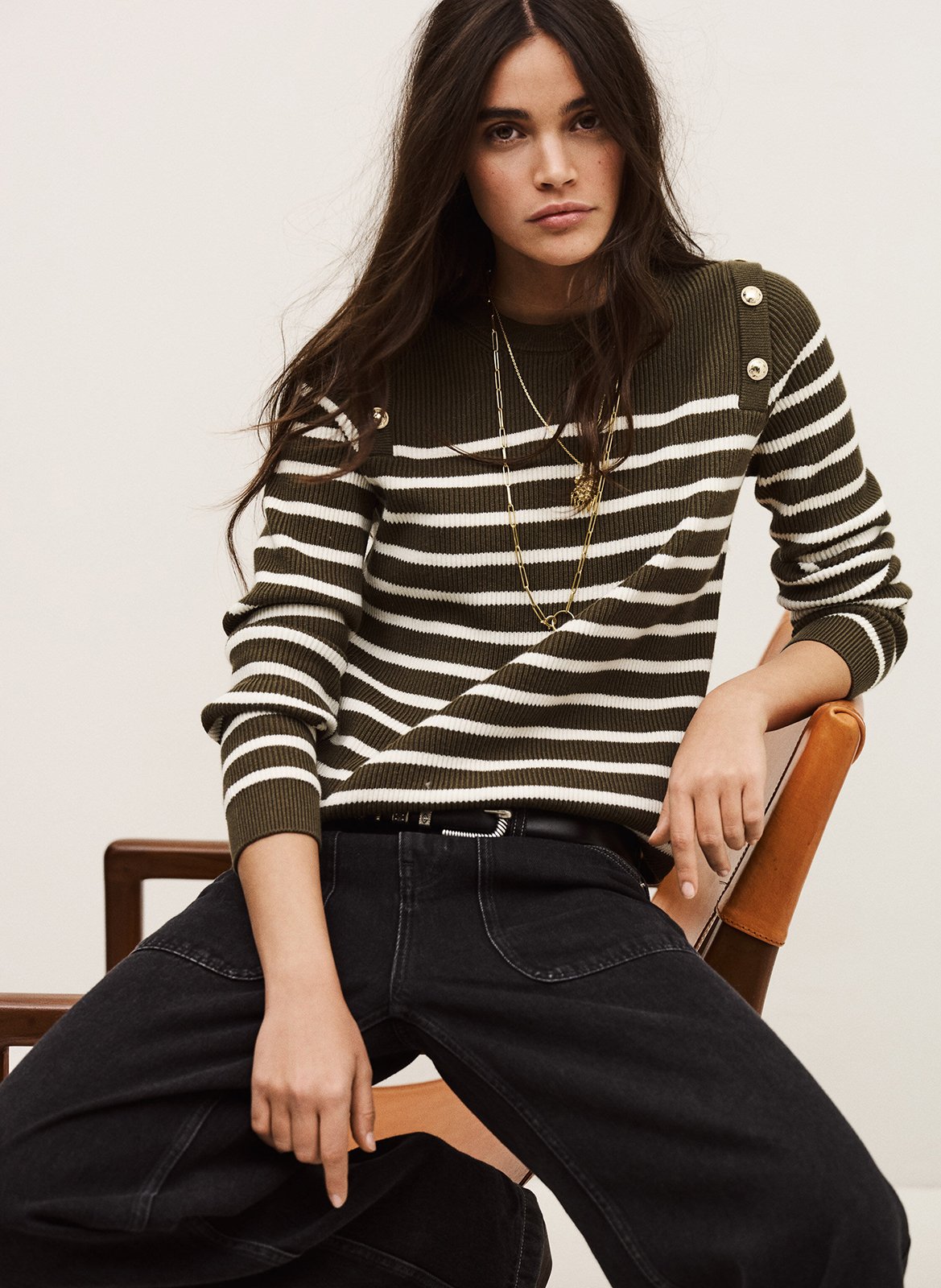 Pull droit col rond en coton et laine mélangé imprimé matio BA&SH Kaki