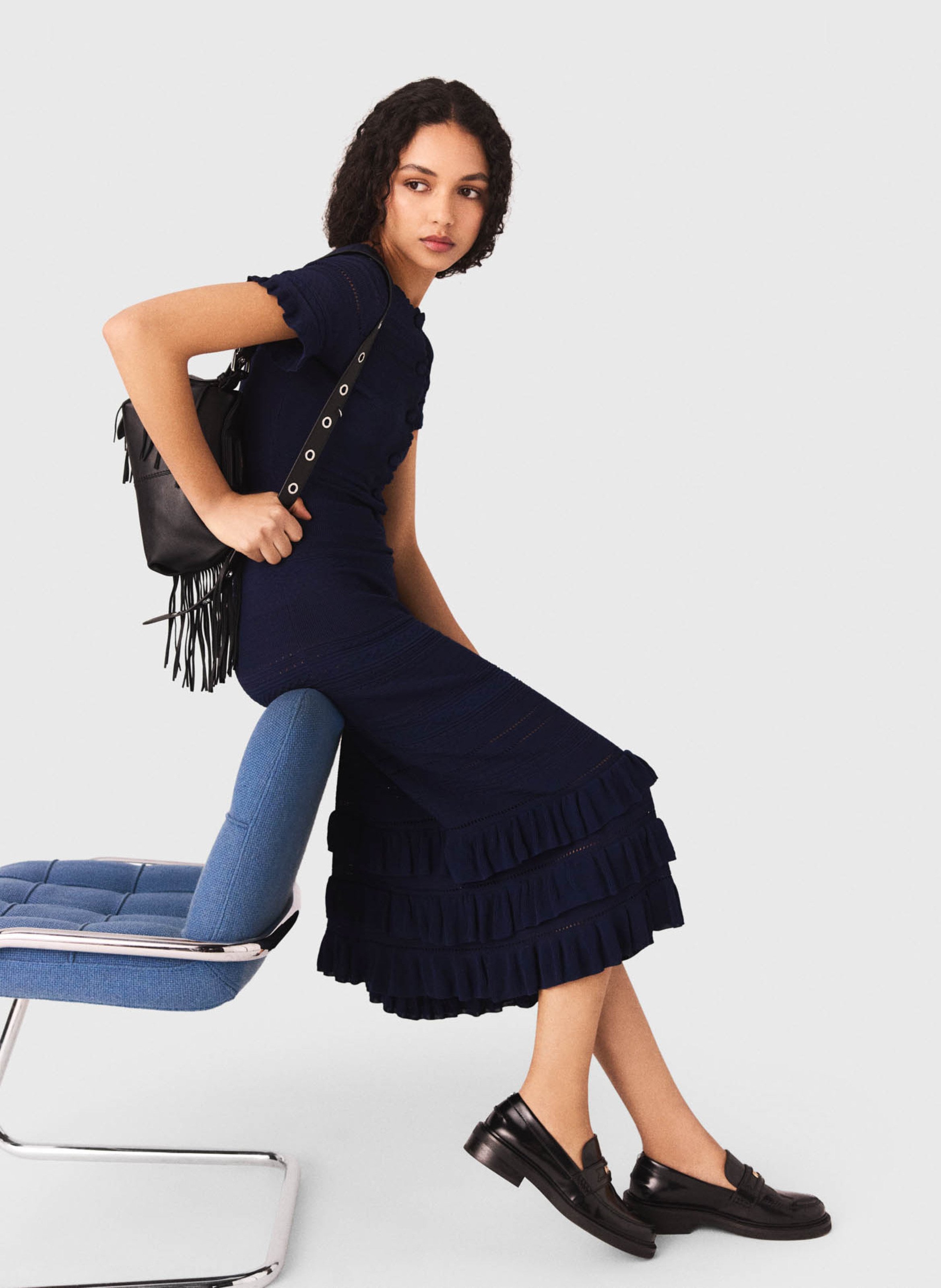 Sac bandoulière à franges en cuir miss m mini MAJE Noir